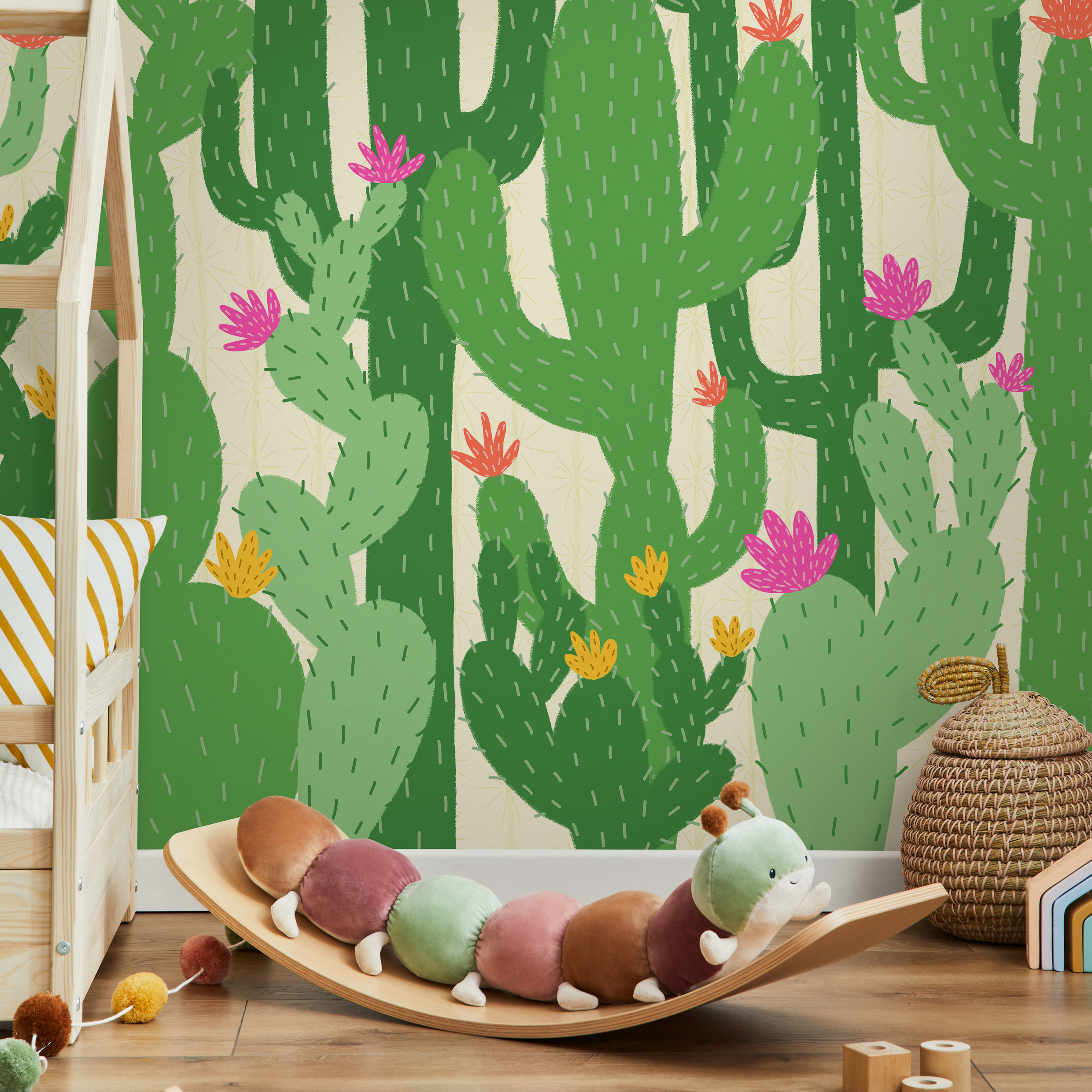 Cactus Wallpaper With Stylized Desert Flowers In Green, Pink, And Yellow - C477