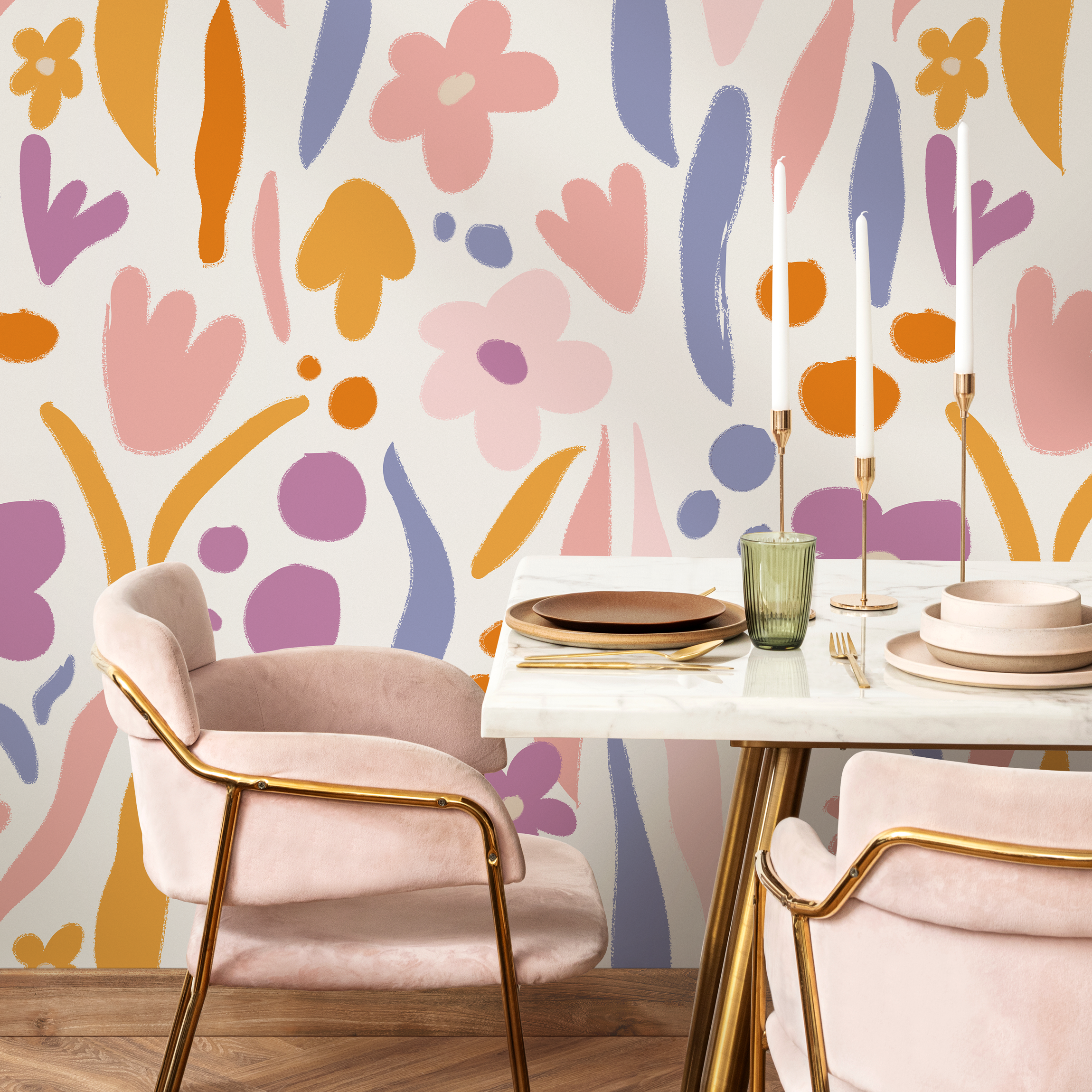 Floral Wallpaper With Abstract Brushstrokes In Pink, Purple, And Orange - As2-c479