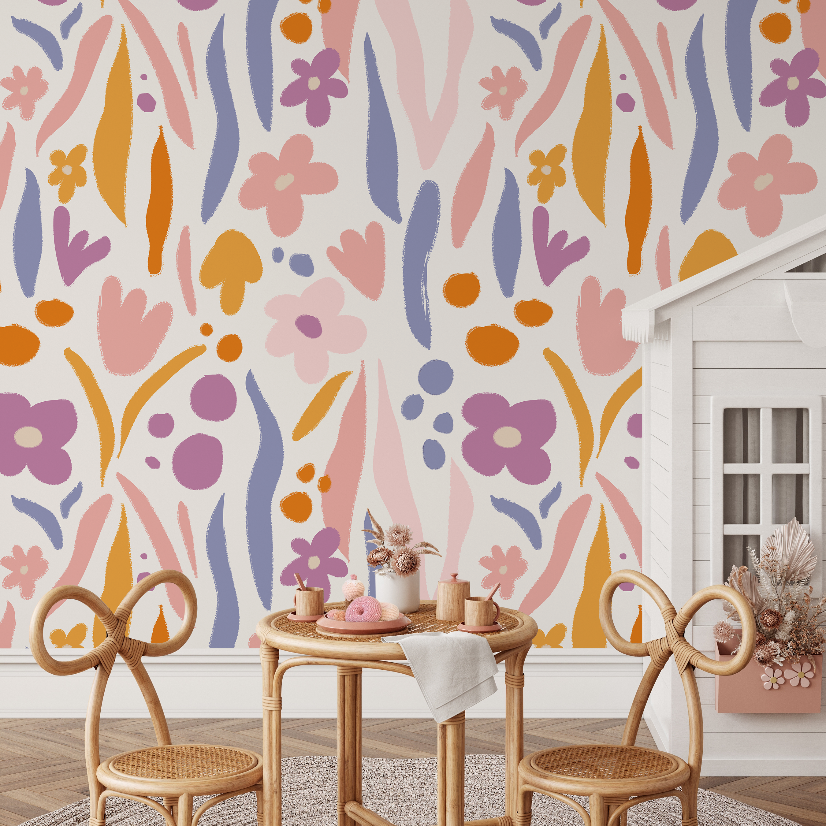 Floral Wallpaper With Abstract Brushstrokes In Pink, Purple, And Orange - As2-c479