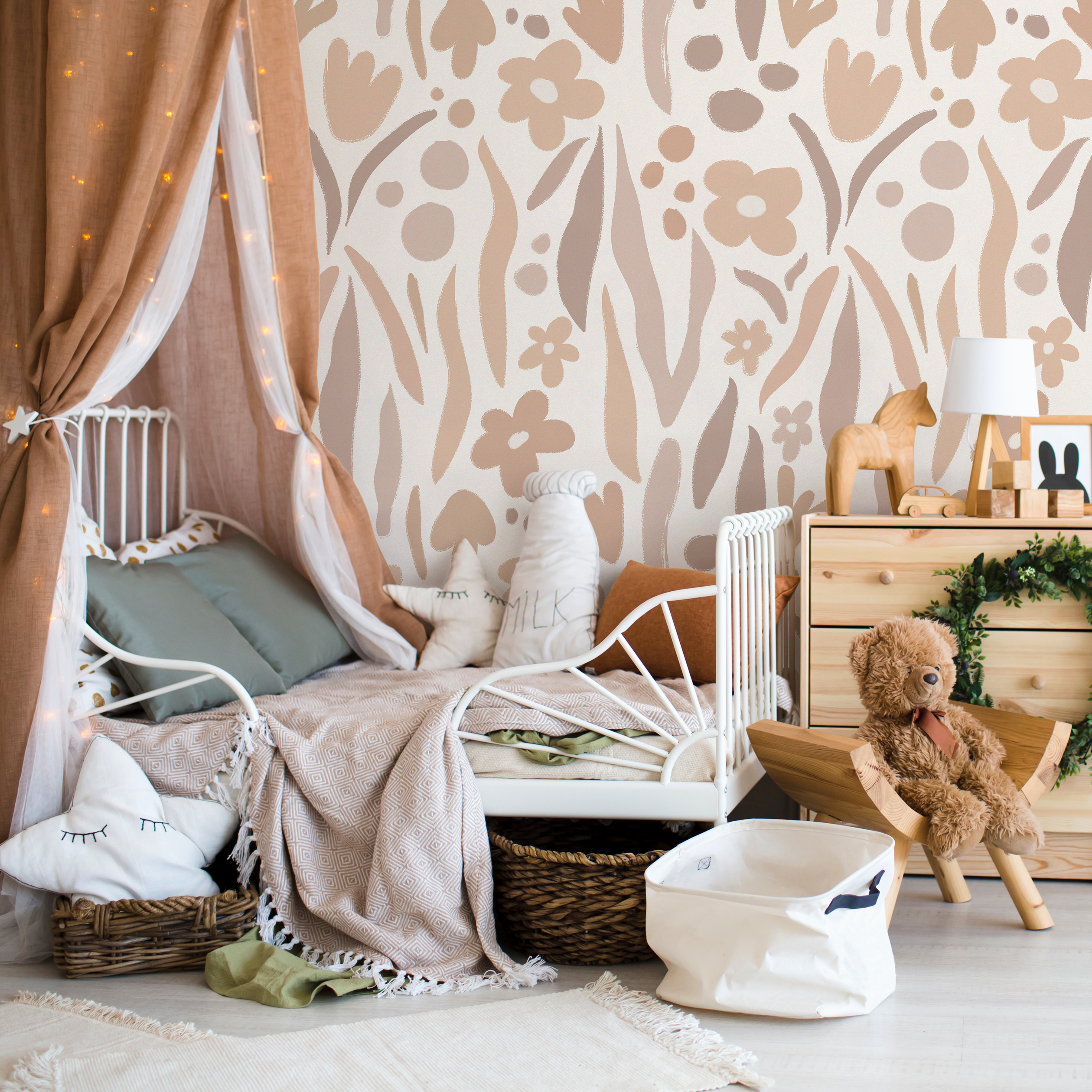 Boho Wallpaper With Abstract Flowers In Beige And Brown - As2-c480