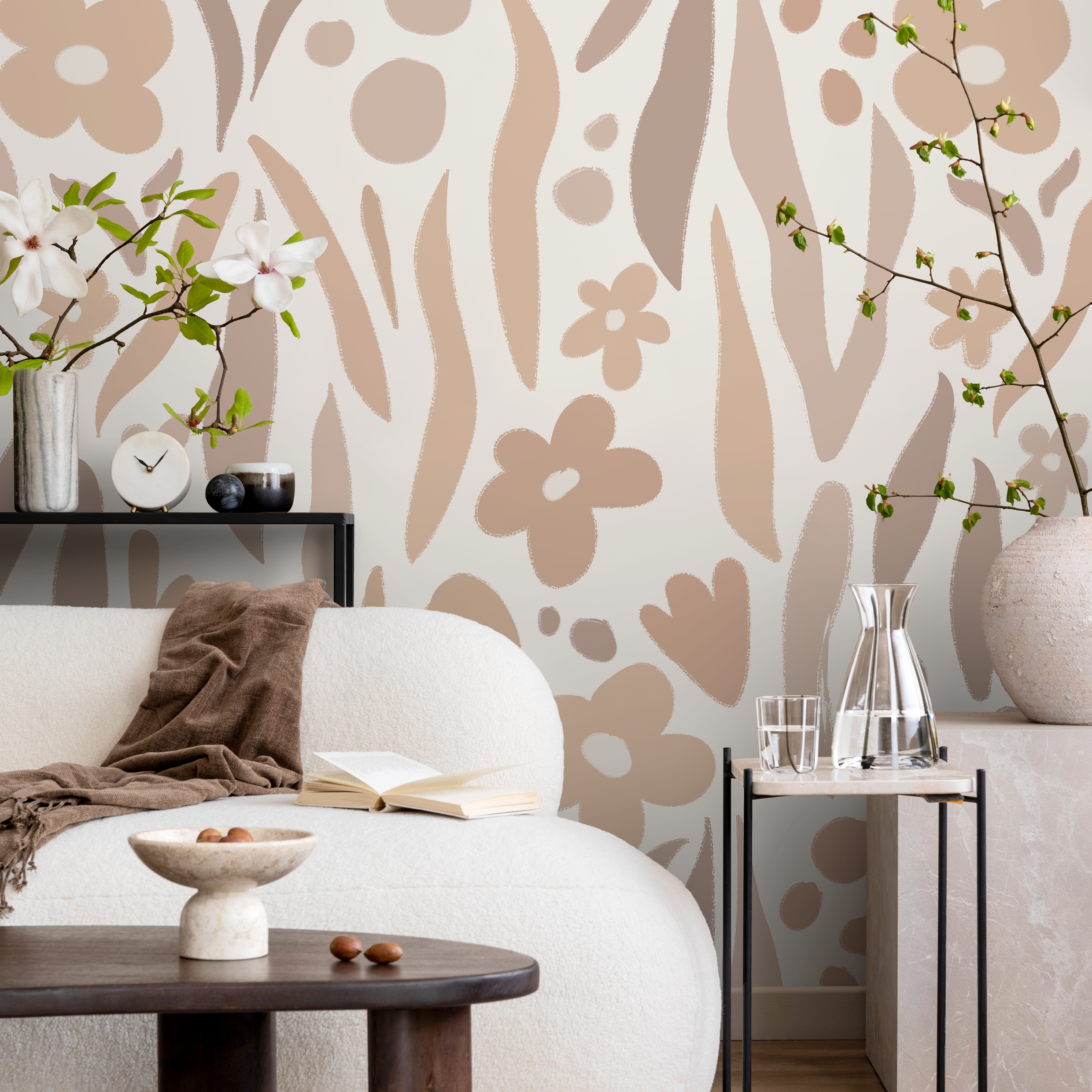 Boho Wallpaper With Abstract Flowers In Beige And Brown - As2-c480