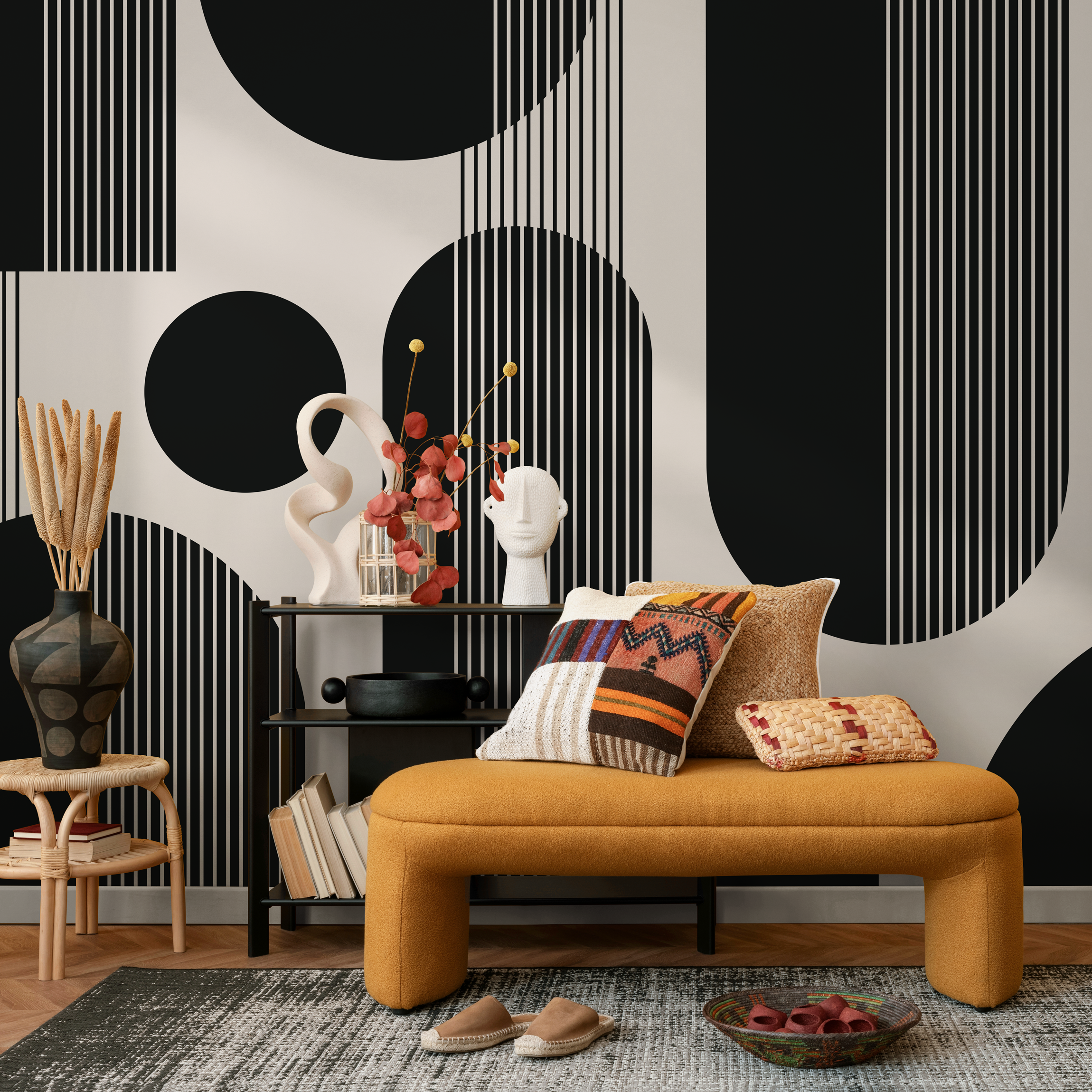 Geometric Wallpaper With Bold Arches And Stripes In Black And Beige - As2-c481