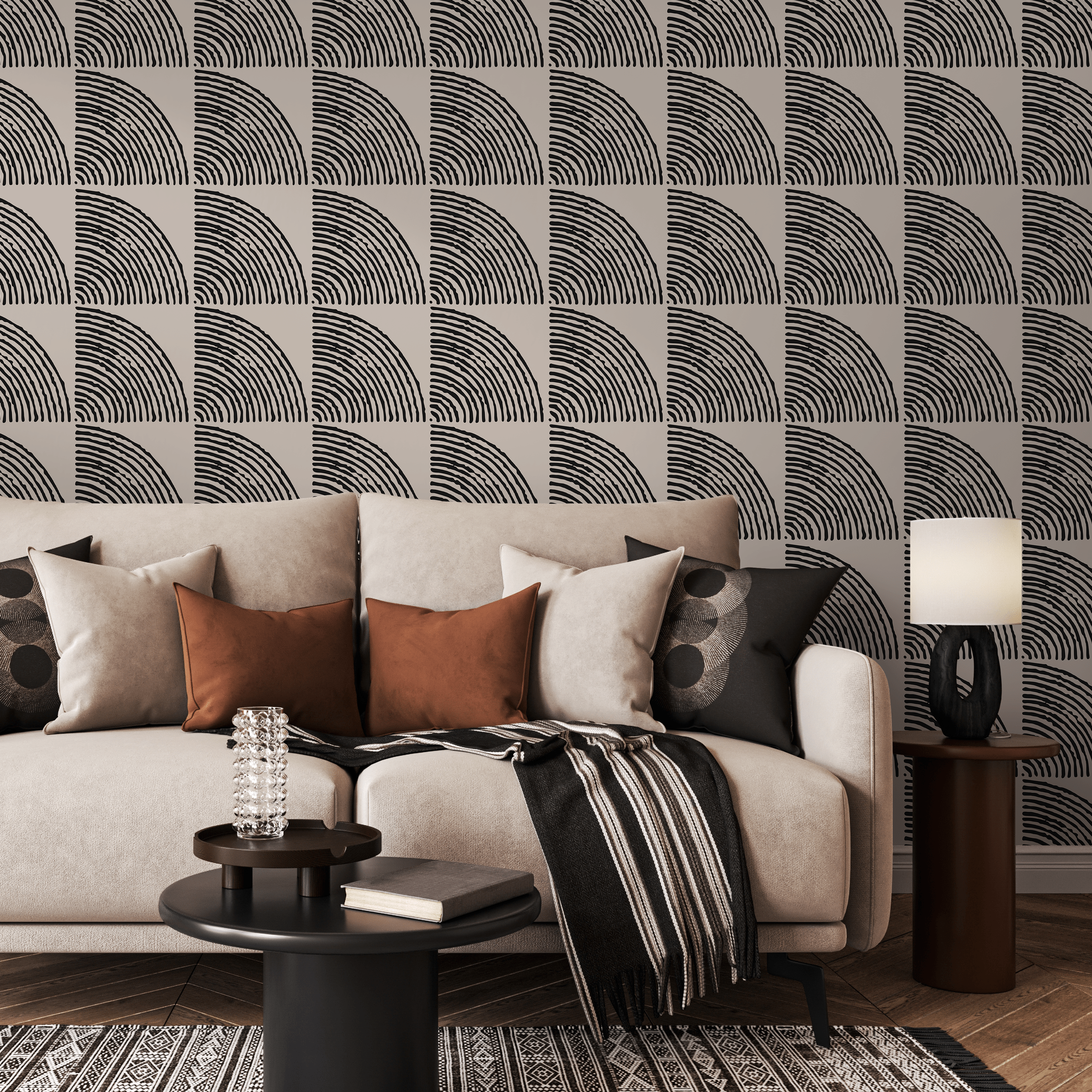 Boho Wallpaper With A Geometric Arc Motif In Black And Beige - C482