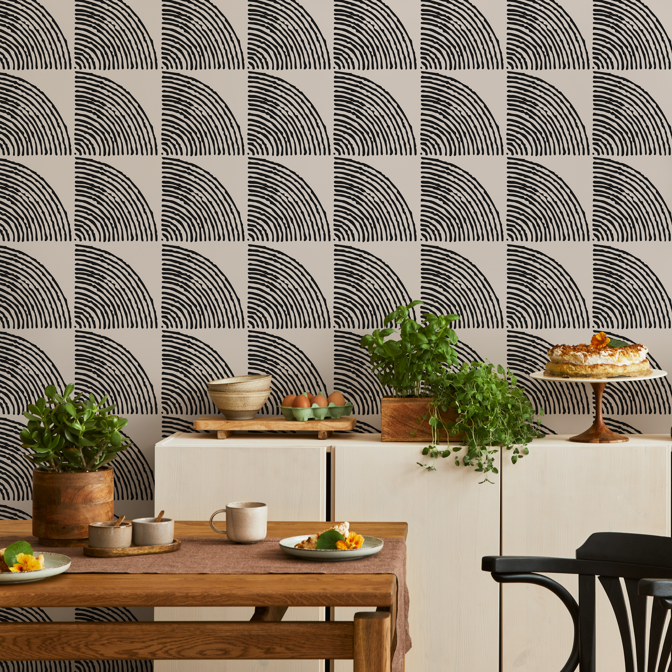 Boho Wallpaper With A Geometric Arc Motif In Black And Beige - C482