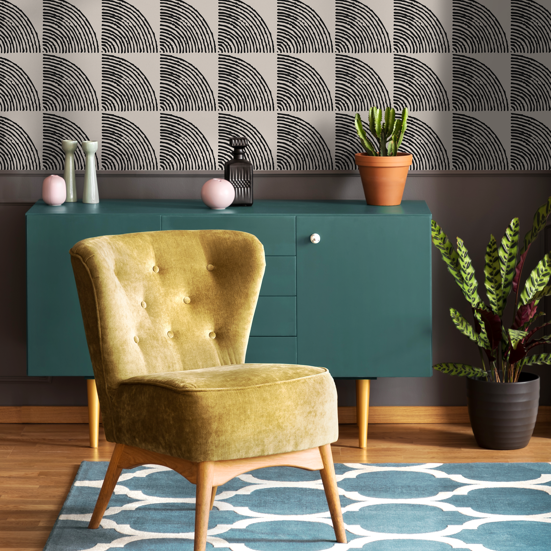 Boho Wallpaper With A Geometric Arc Motif In Black And Beige - C482