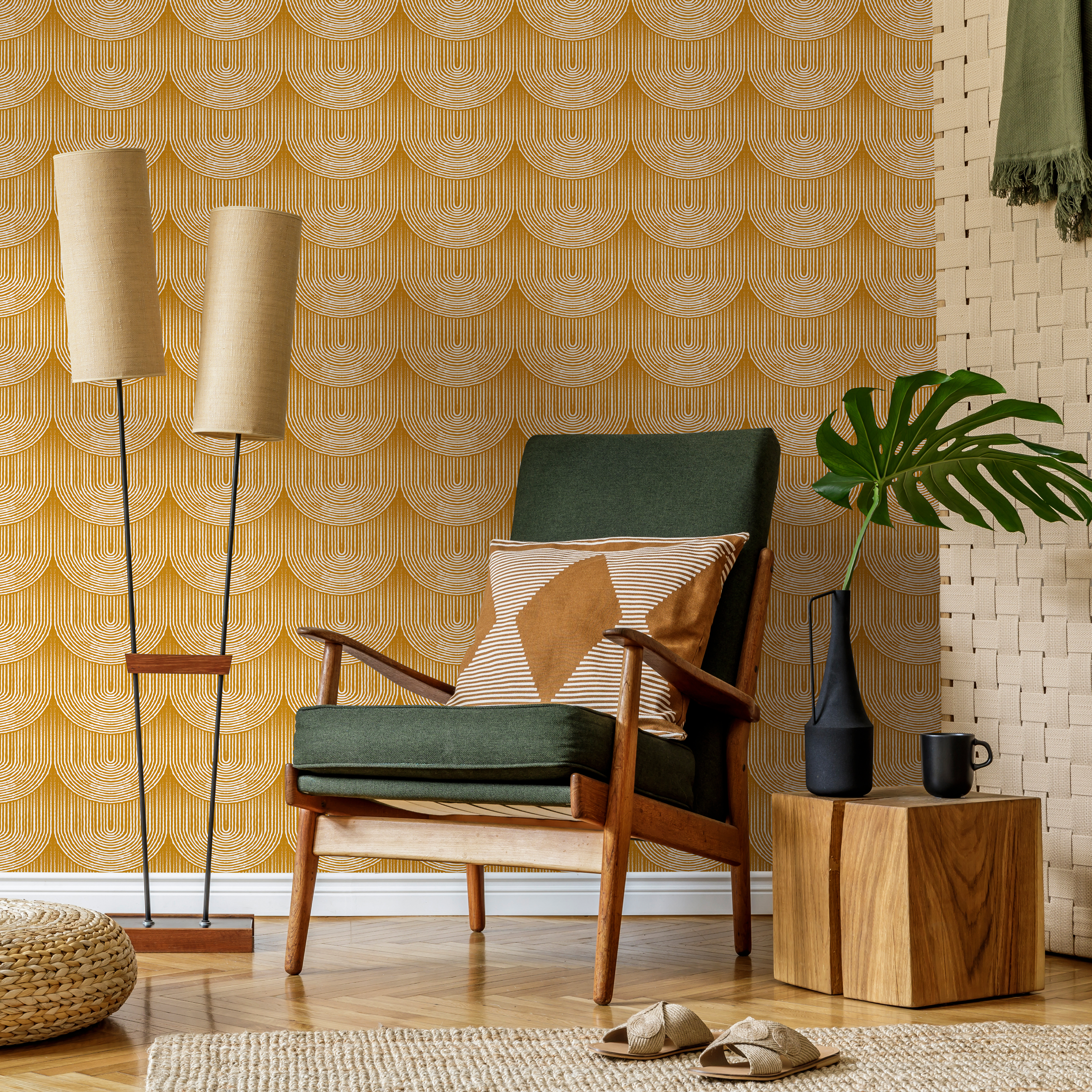 Art Deco Wallpaper With A Scalloped Arch Motif In Yellow And White - C484