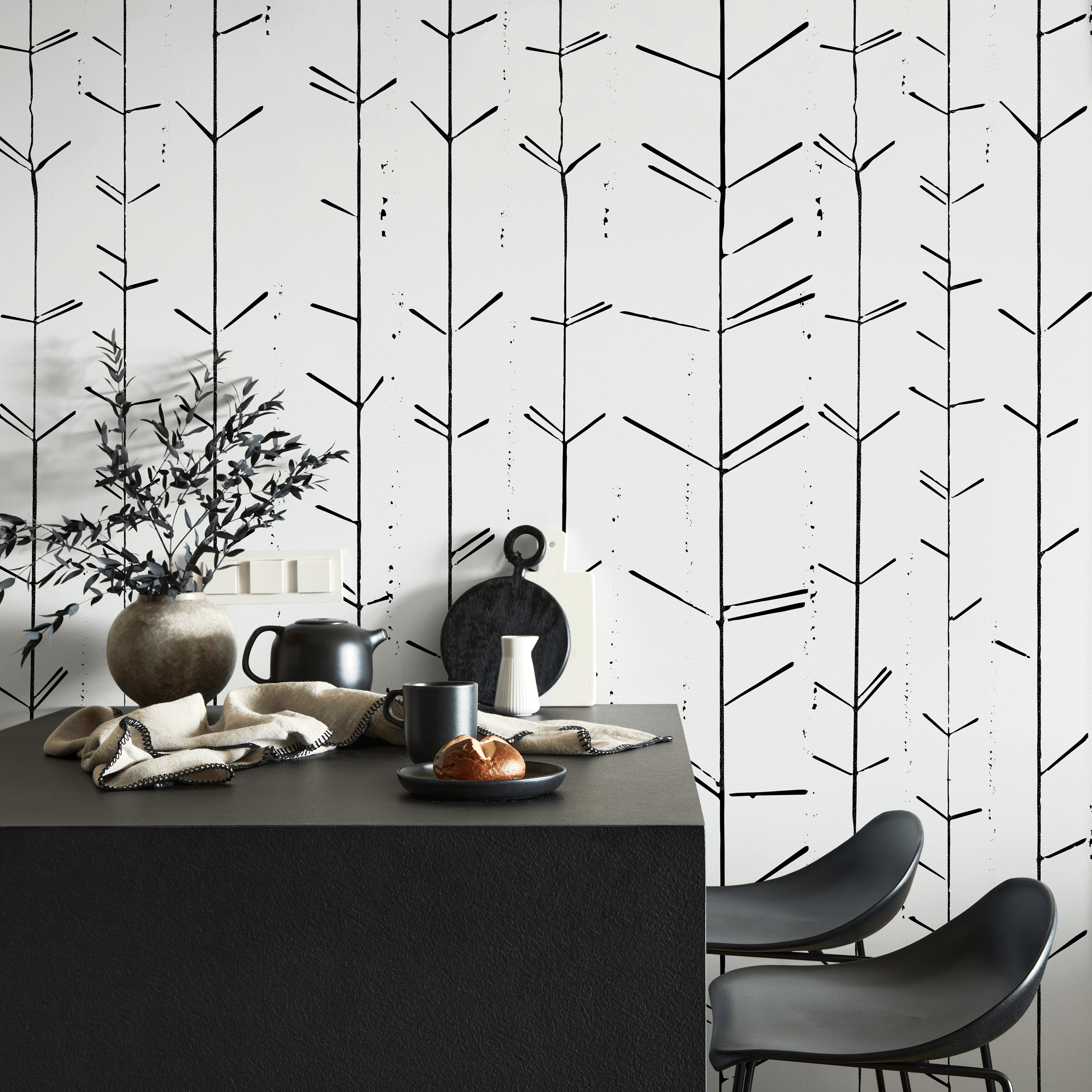 Minimalist Wallpaper With Abstract Branch Stems In Black - C485