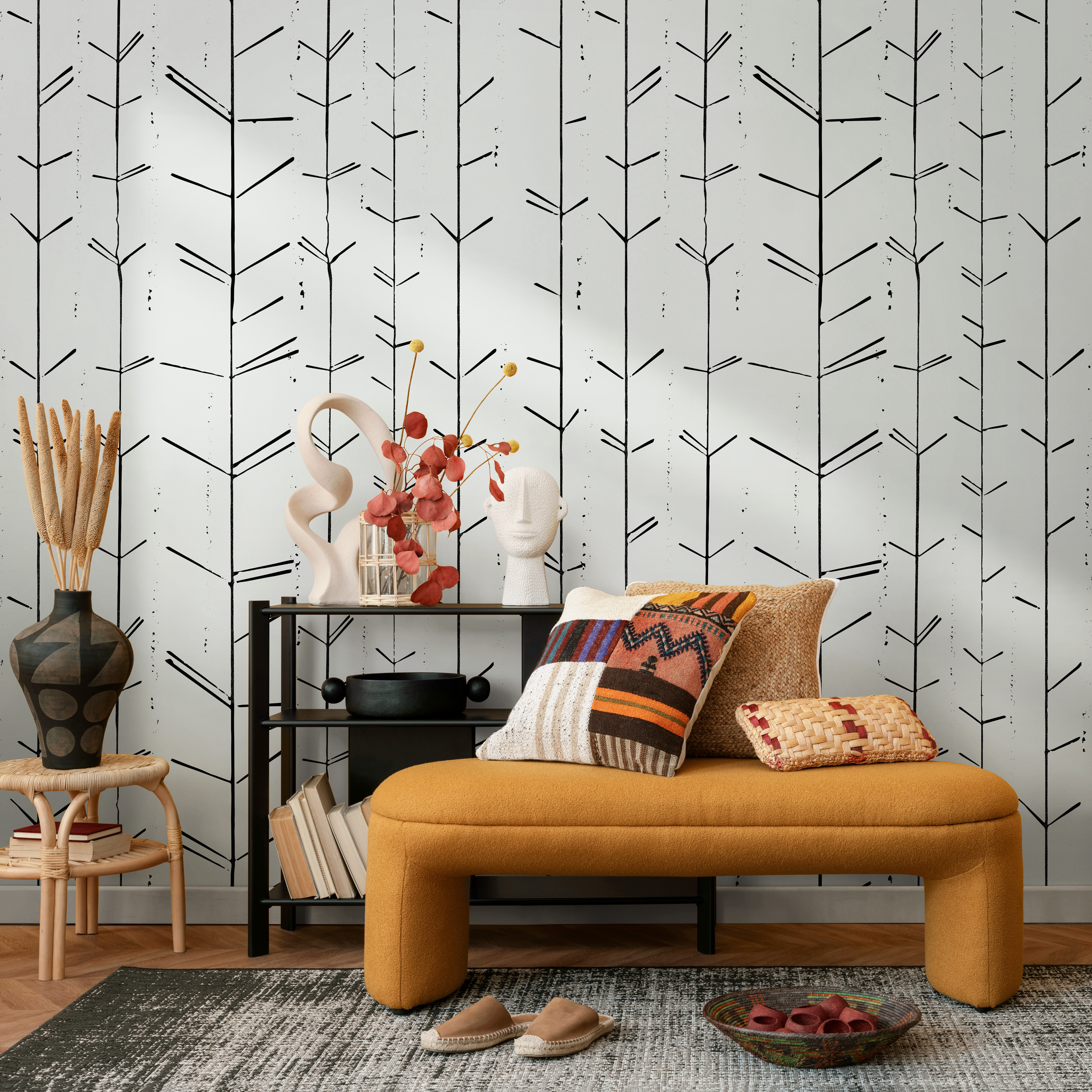 Minimalist Wallpaper With Abstract Branch Stems In Black - C485