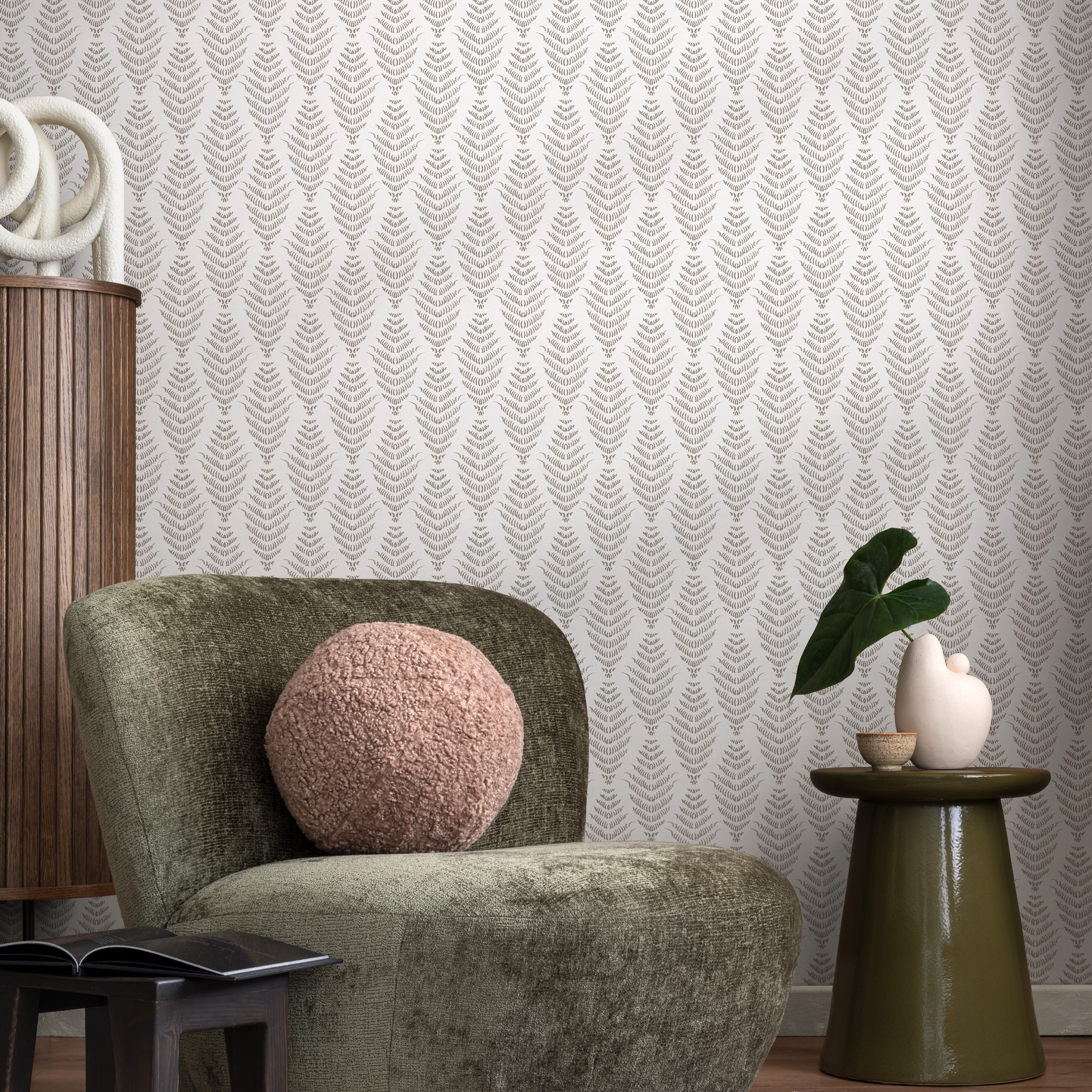 Boho Wallpaper With A Stylized Fern Motif In Beige And Cream - C486