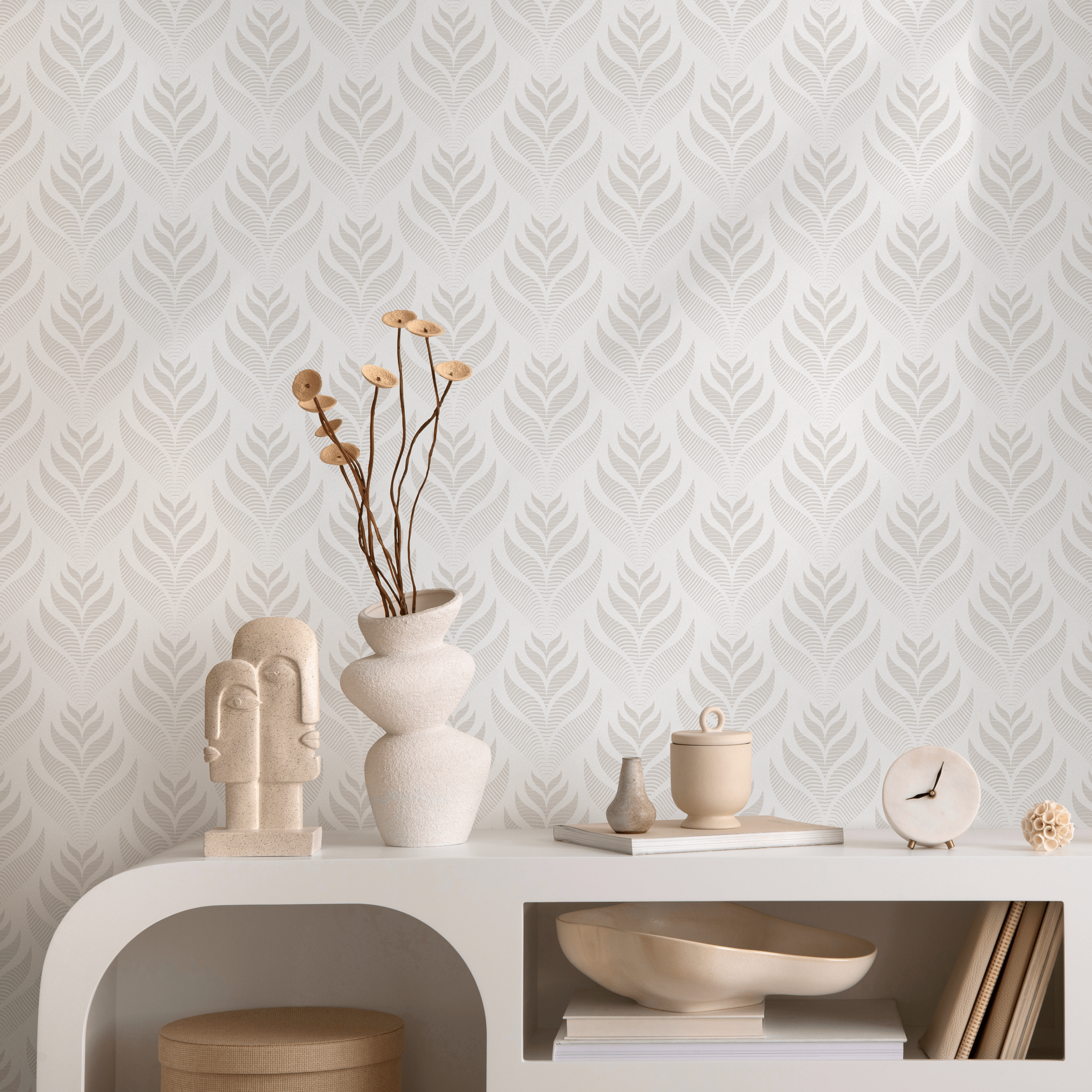 Leaf Wallpaper With A Stylized Frond Motif In Beige - C492