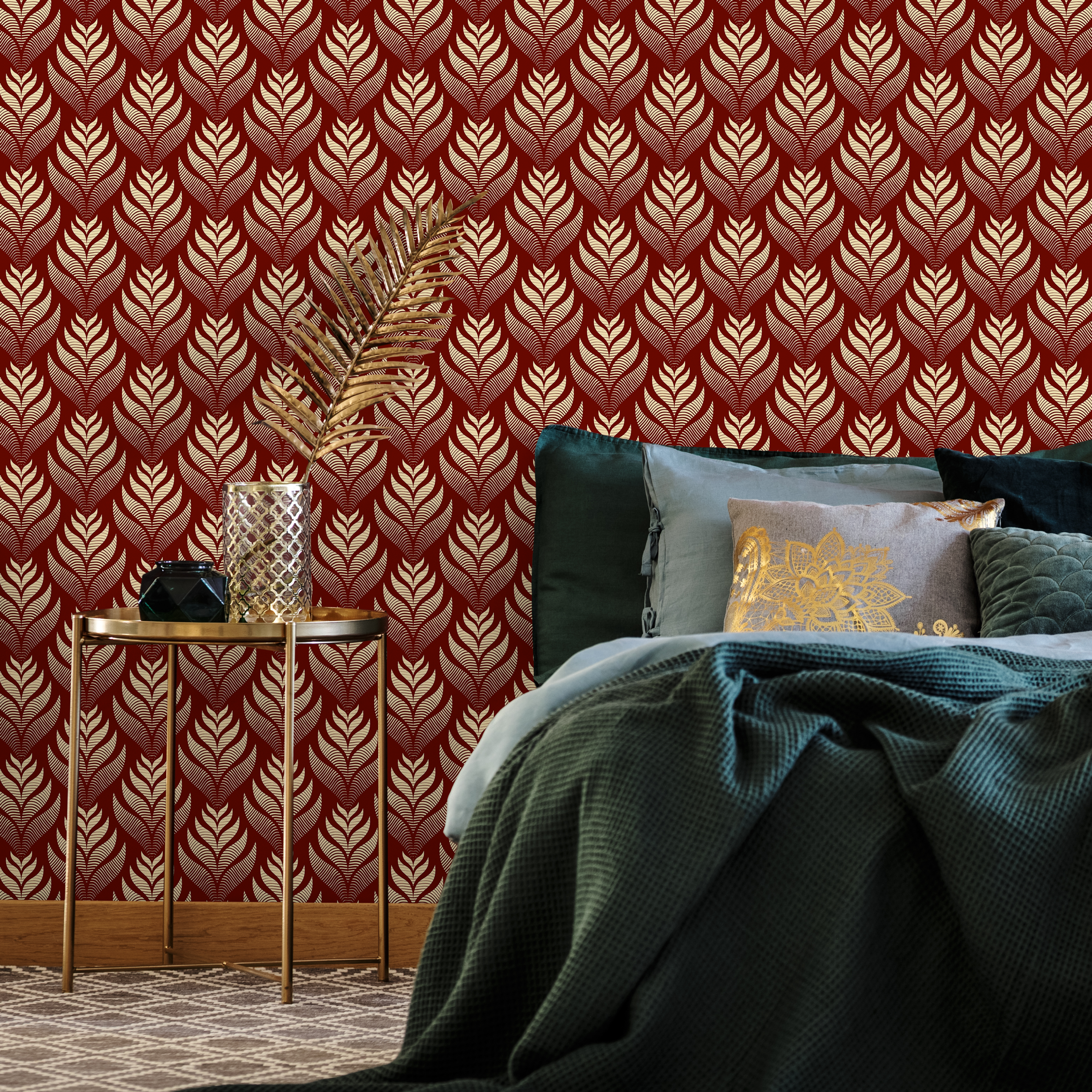 Art Deco Wallpaper With A Stylized Leaf Motif In Red And Cream - C493