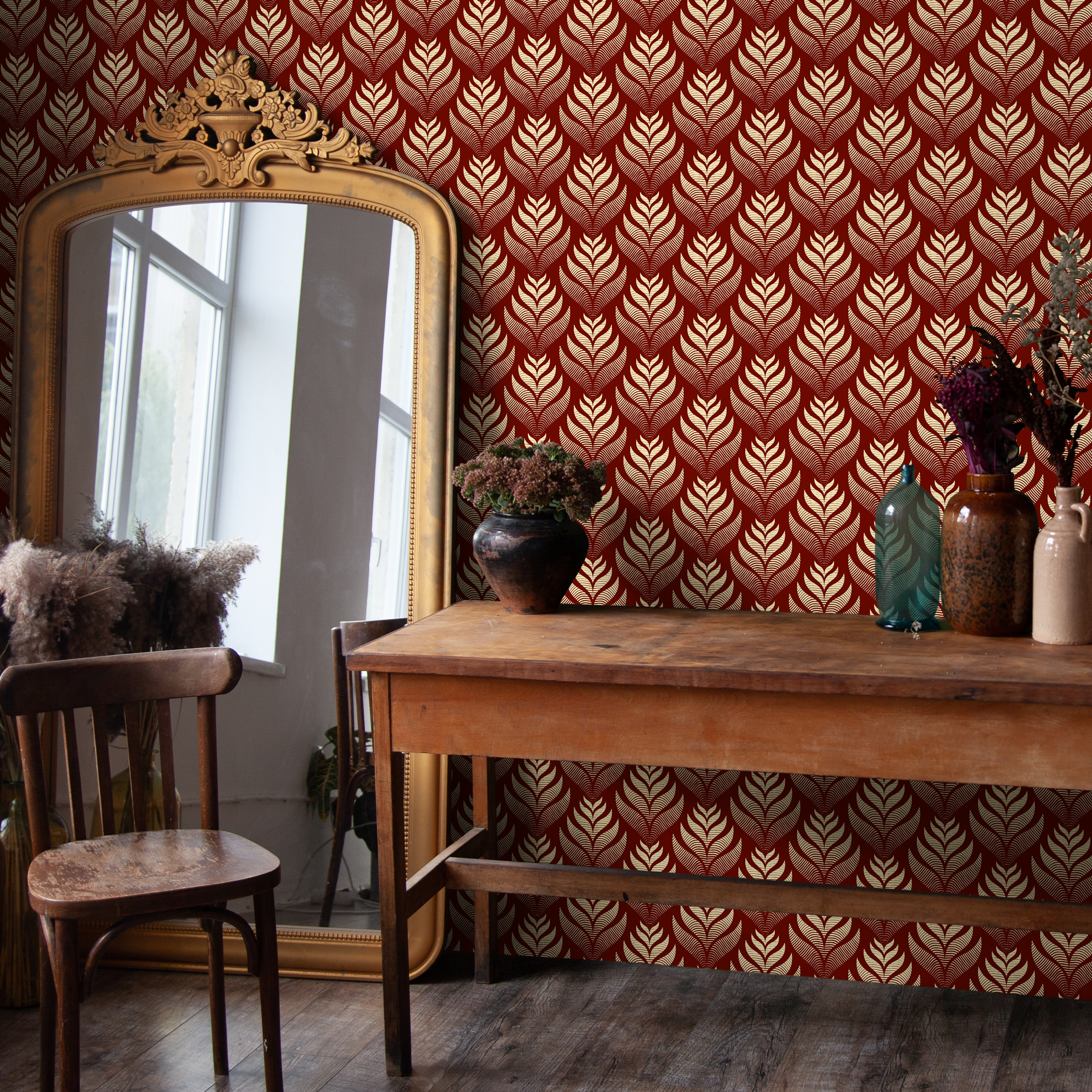 Art Deco Wallpaper With A Stylized Leaf Motif In Red And Cream - C493