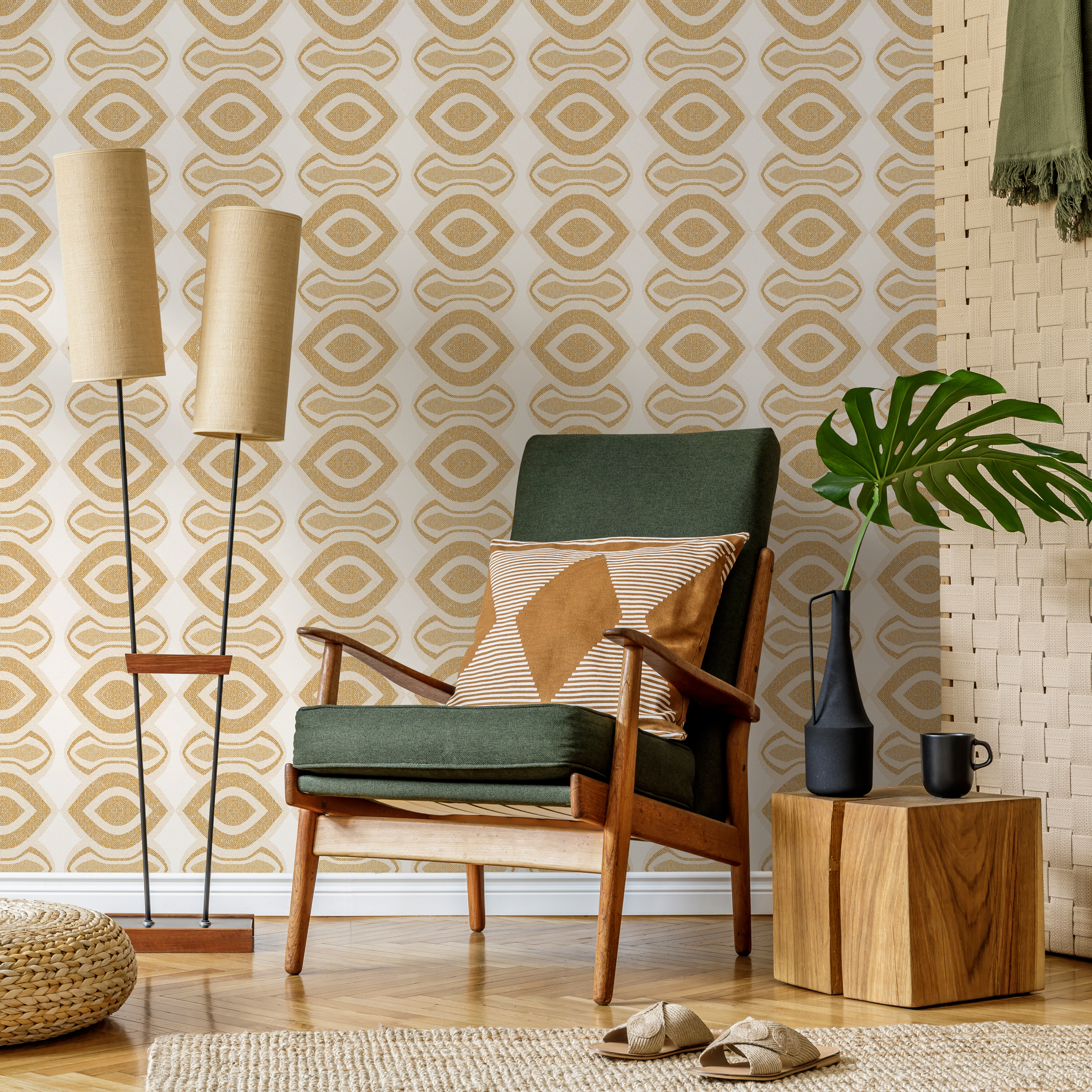 Mid Century Wallpaper With A Retro Oval Motif In Beige And Gold - C494