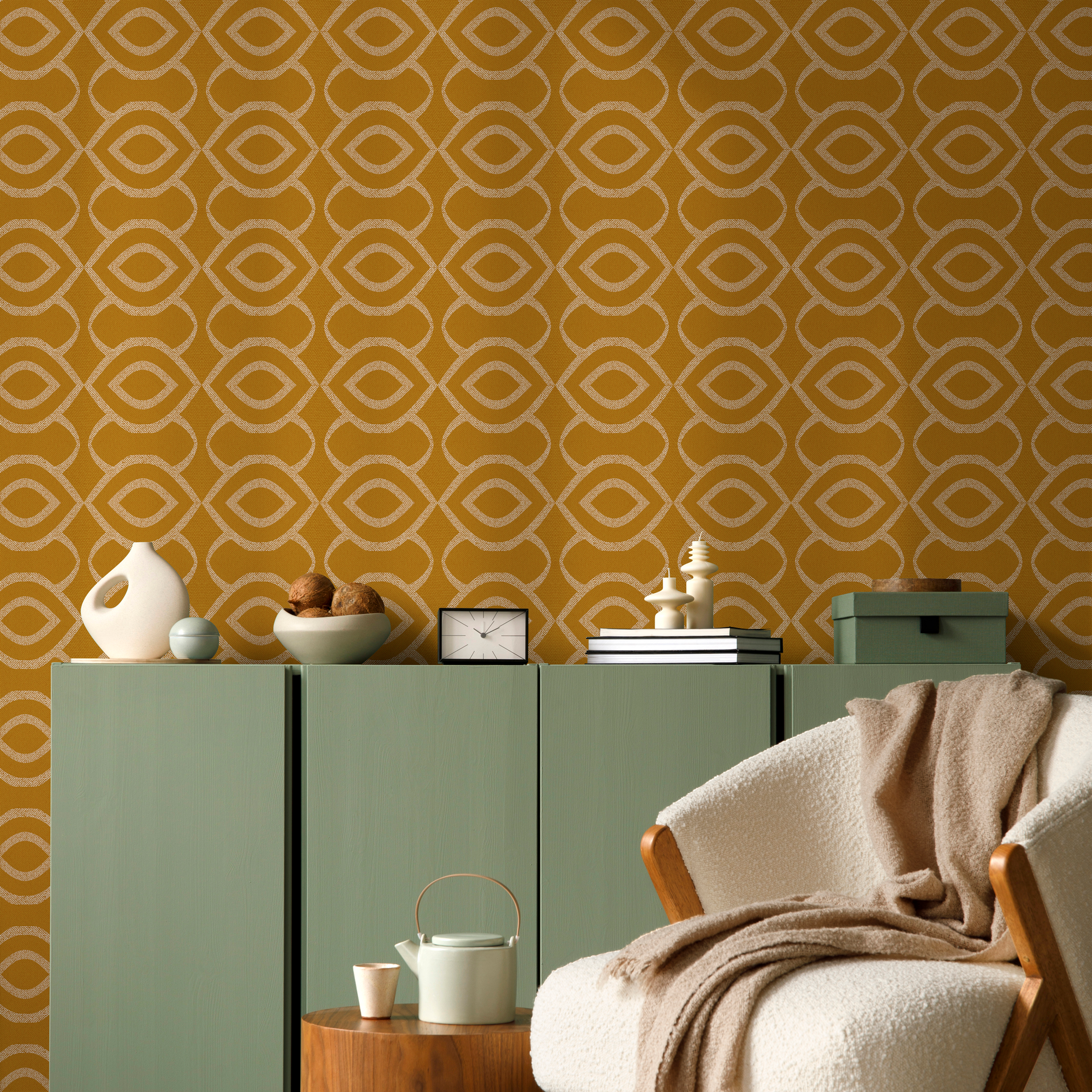 Retro Wallpaper With A Geometric Chain Link Motif In Mustard Yellow And Beige - C495