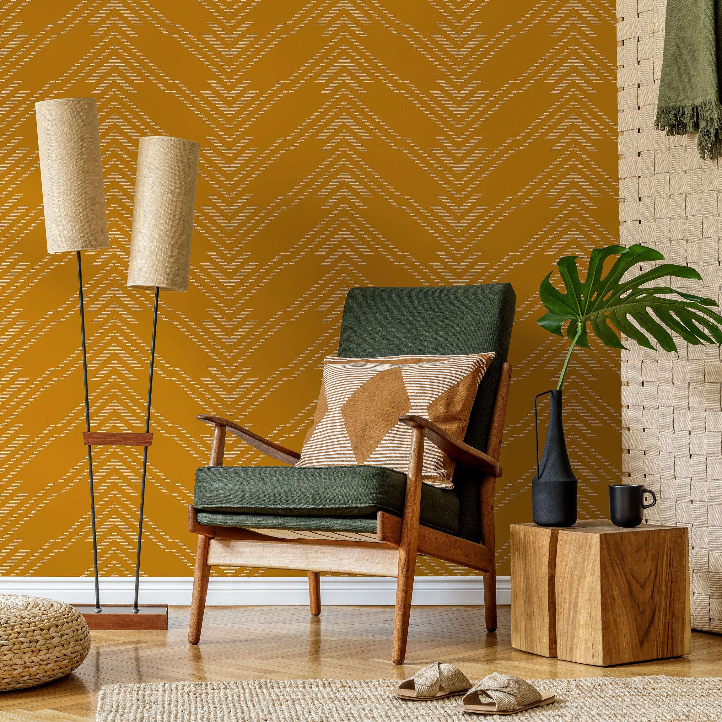 Geometric Wallpaper With A Minimalist Chevron Motif In Mustard Yellow And White - C497