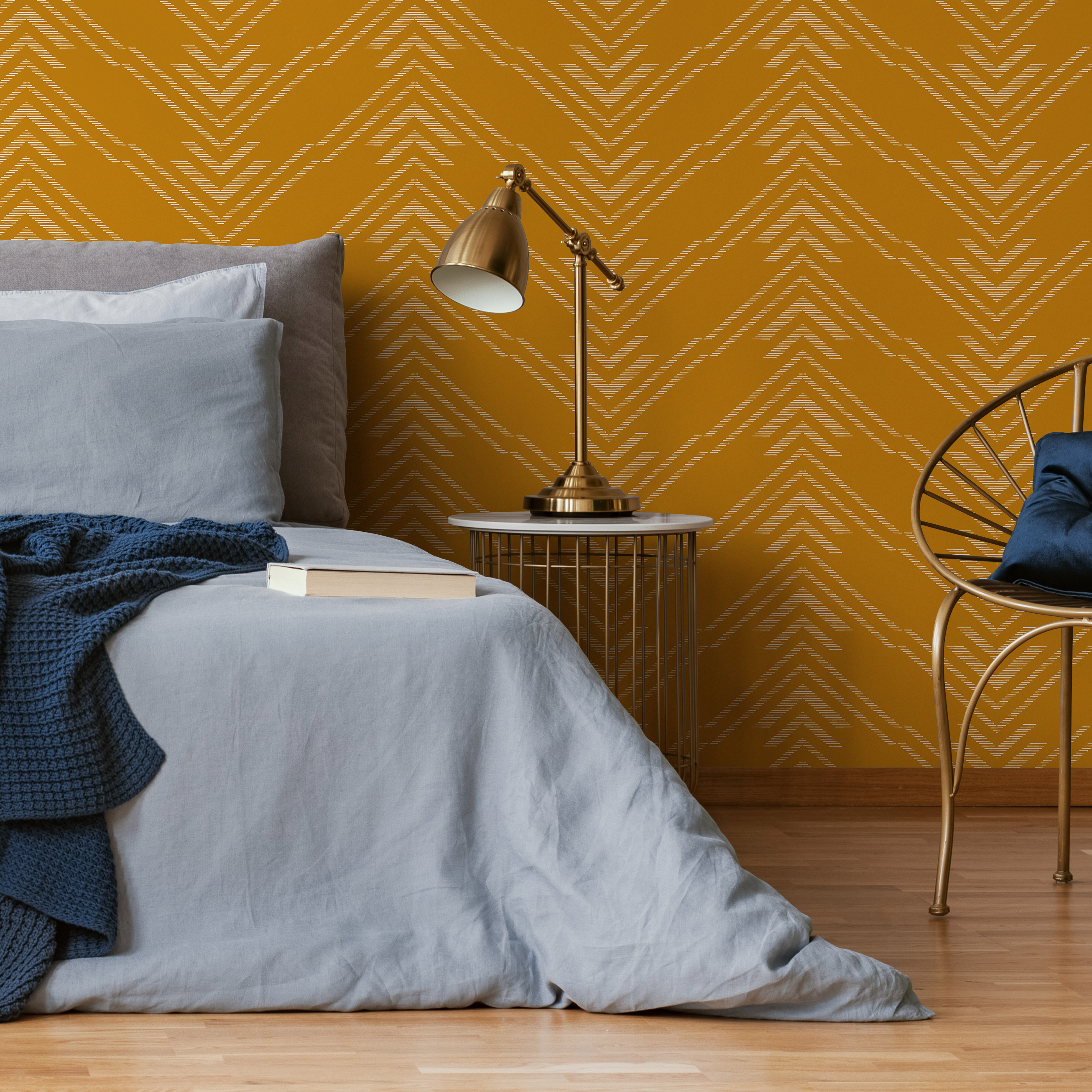 Geometric Wallpaper With A Minimalist Chevron Motif In Mustard Yellow And White - C497