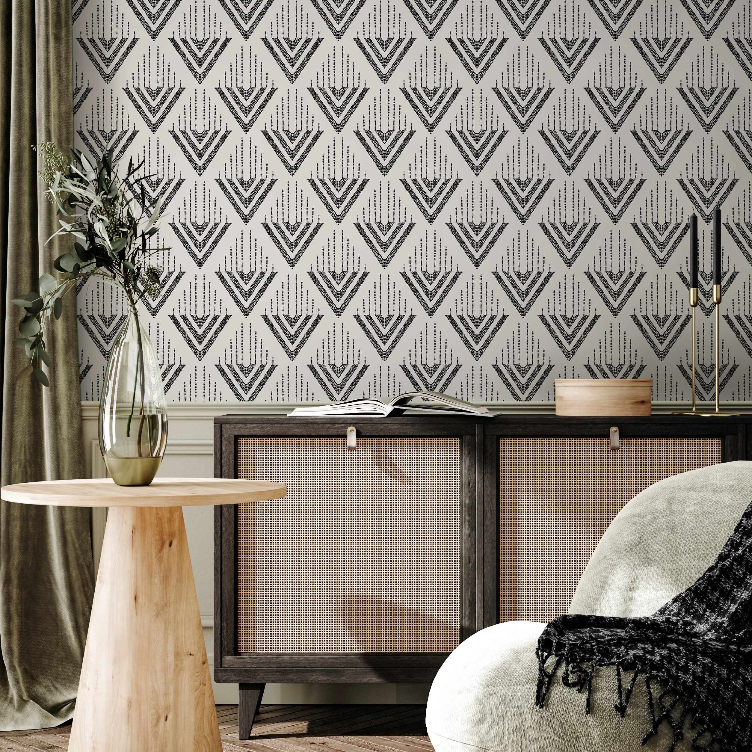 Geometric Wallpaper With A Textured Chevron Motif In Black - C498