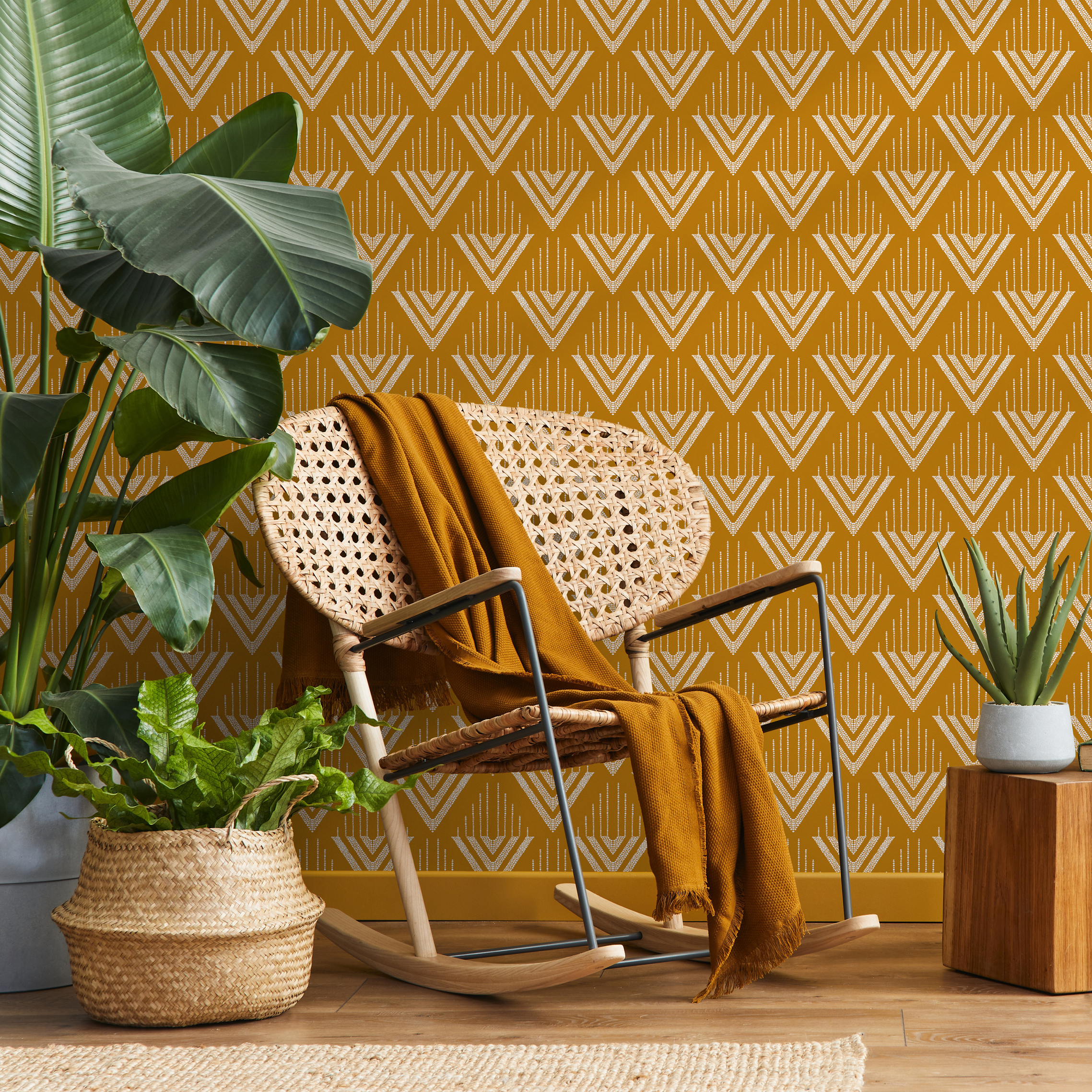Geometric Wallpaper With A Repeating Chevron Motif In Mustard And White - C499
