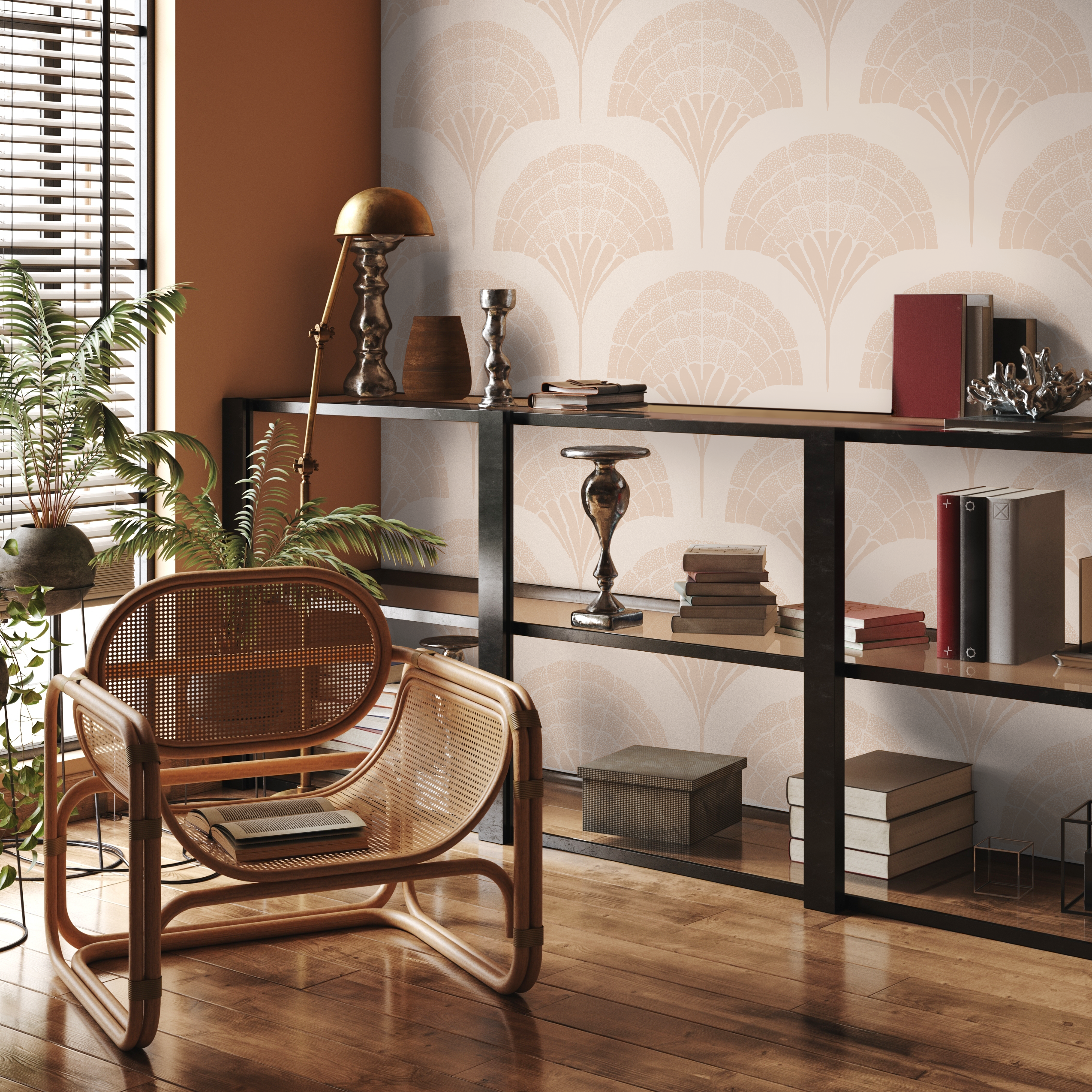 Art Deco Wallpaper With A Stylized Fan Motif In Beige And Cream - C500