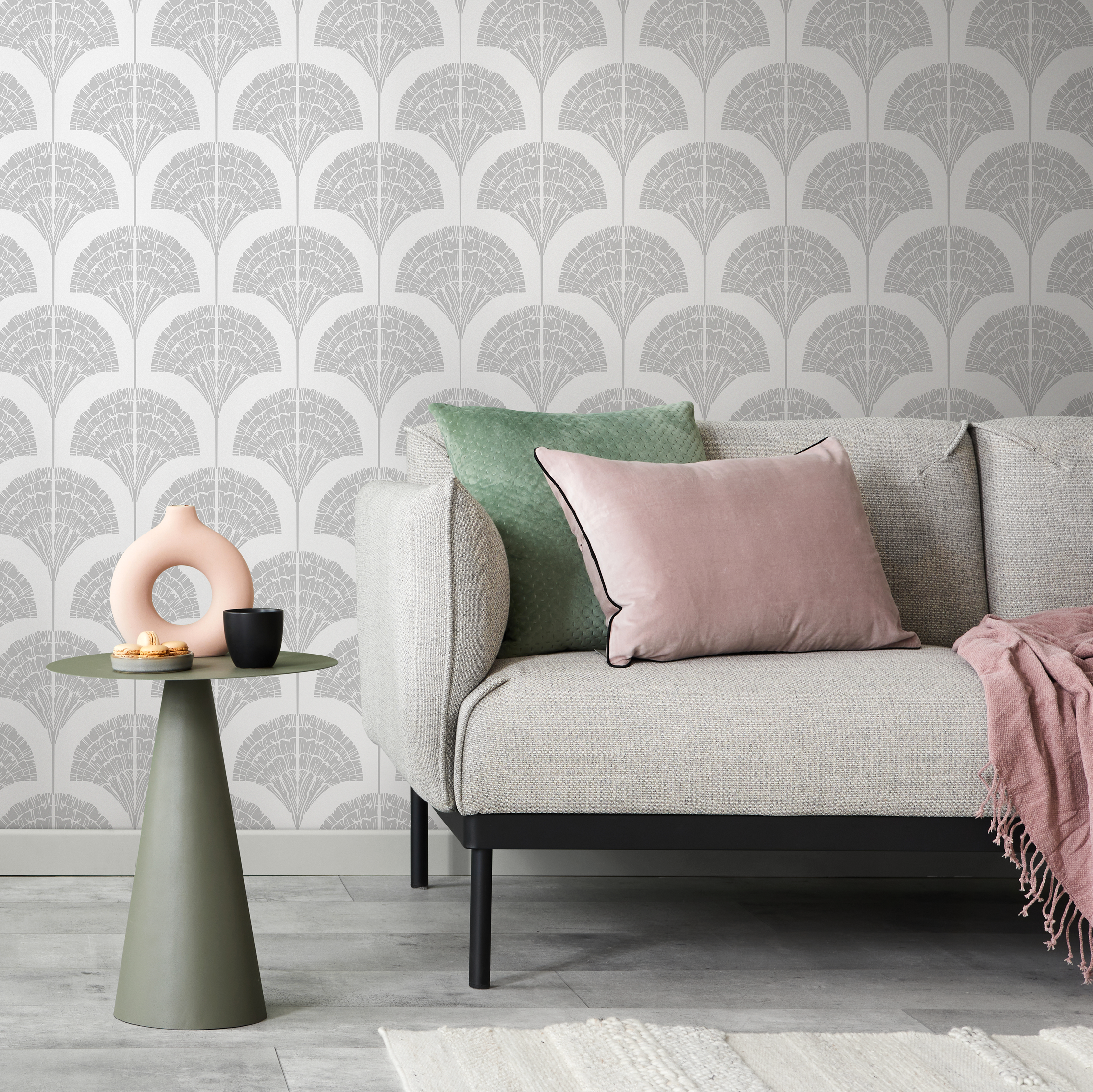 Art Deco Wallpaper With A Stylized Fan Motif In Light Gray - C502