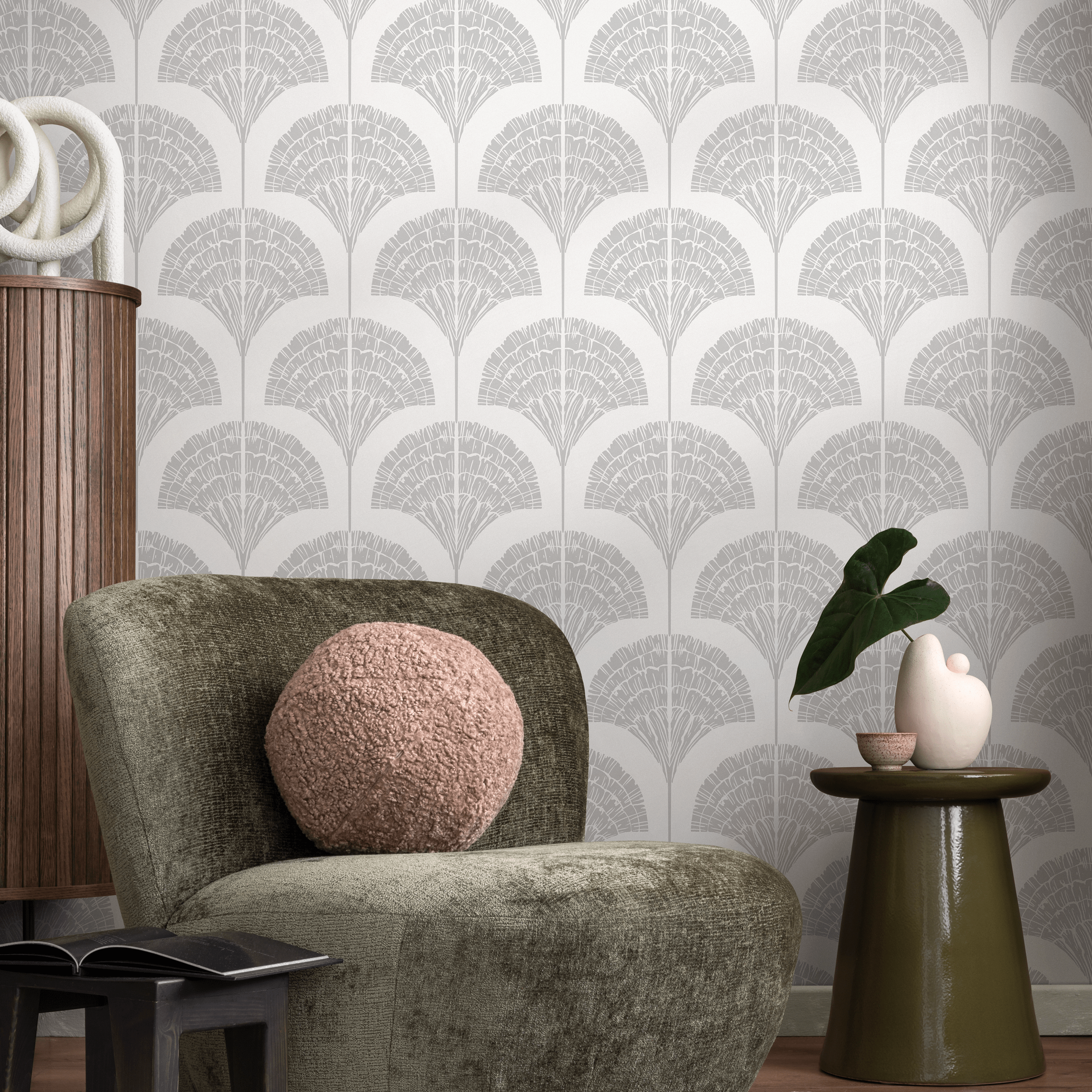 Art Deco Wallpaper With A Stylized Fan Motif In Light Gray - C502