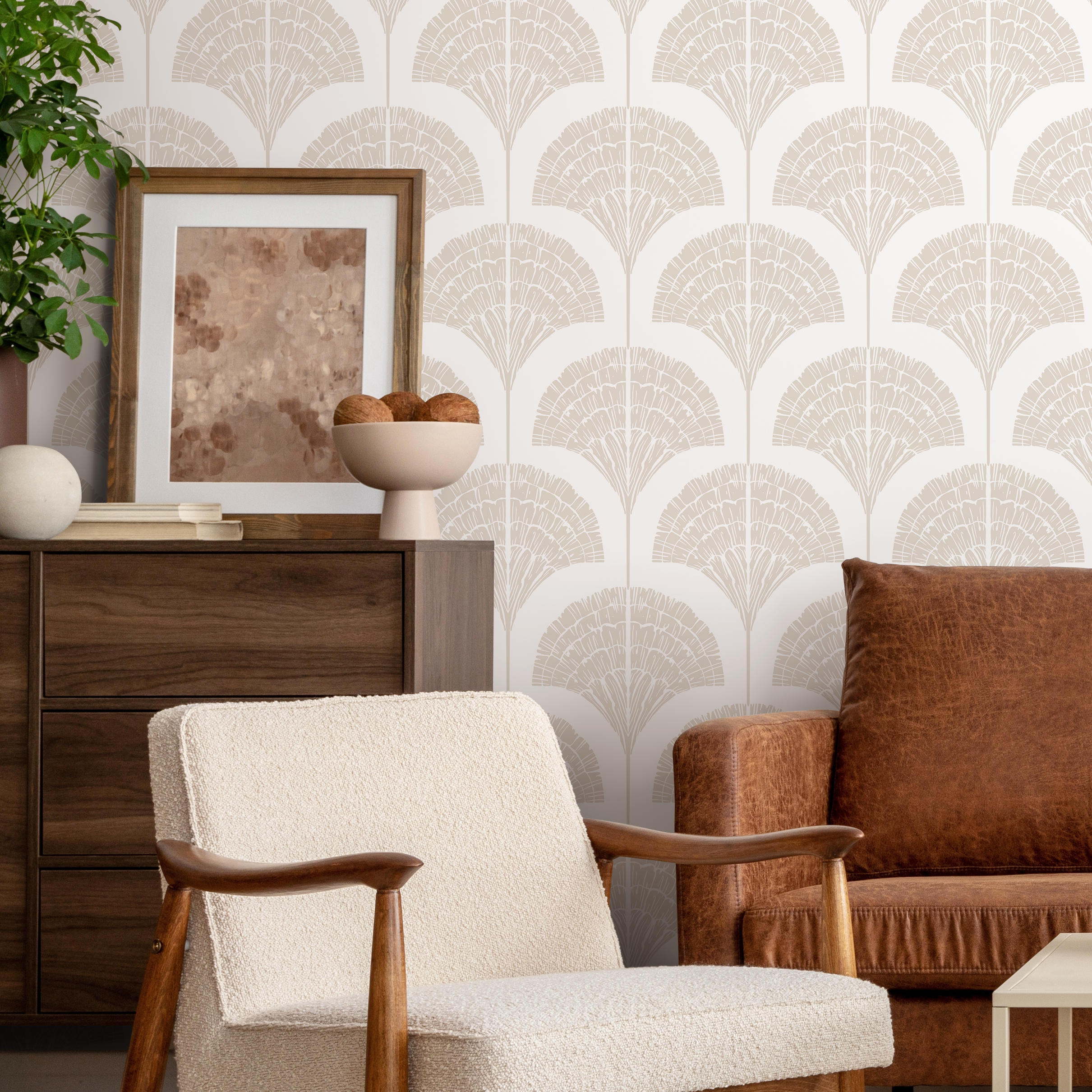 Art Deco Wallpaper With A Stylized Palm Fan Motif In Beige - C505