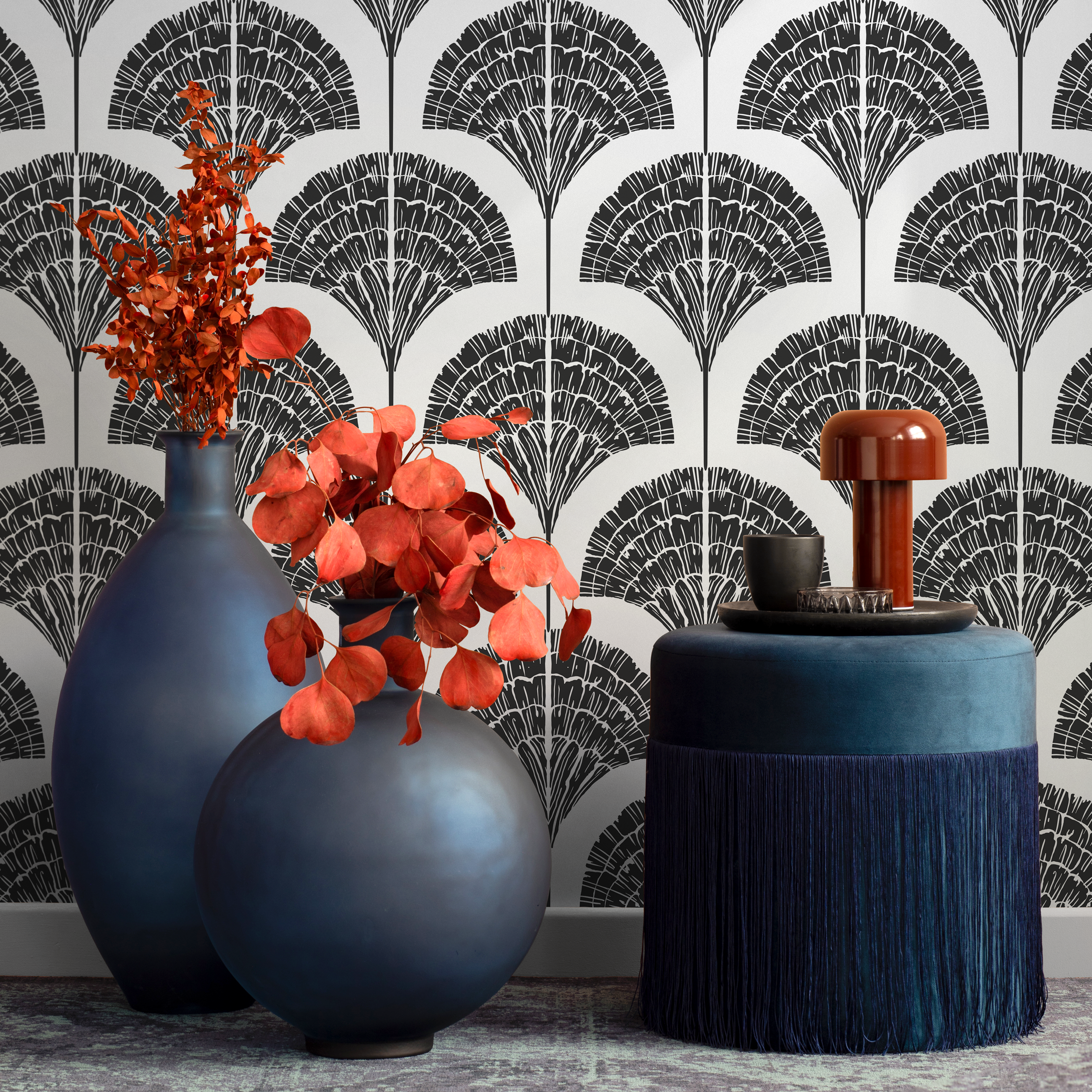 Art Deco Wallpaper With Stylized Palm Fronds In Black And White - C506