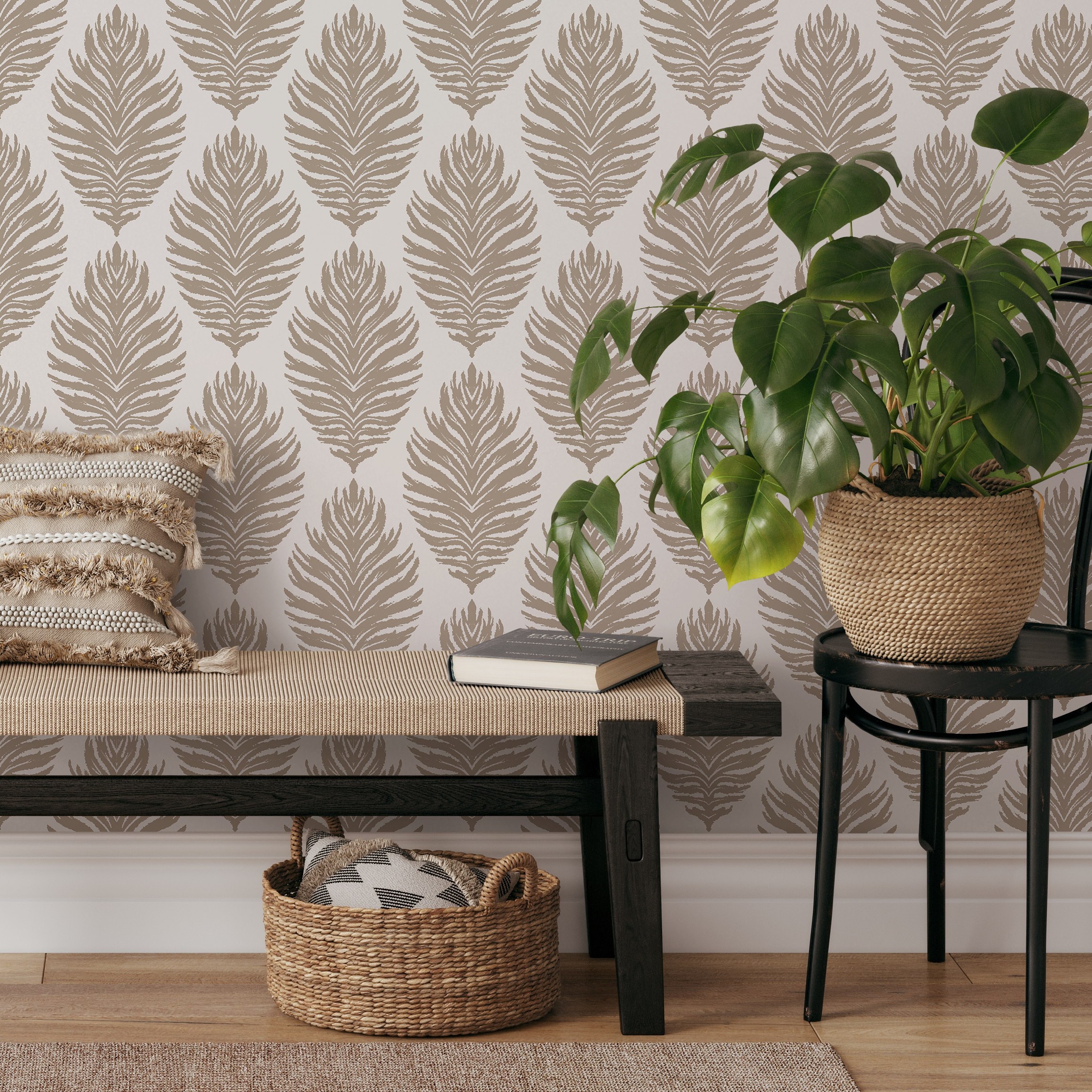 Boho Wallpaper With A Stylized Leaf Damask In Taupe - C508