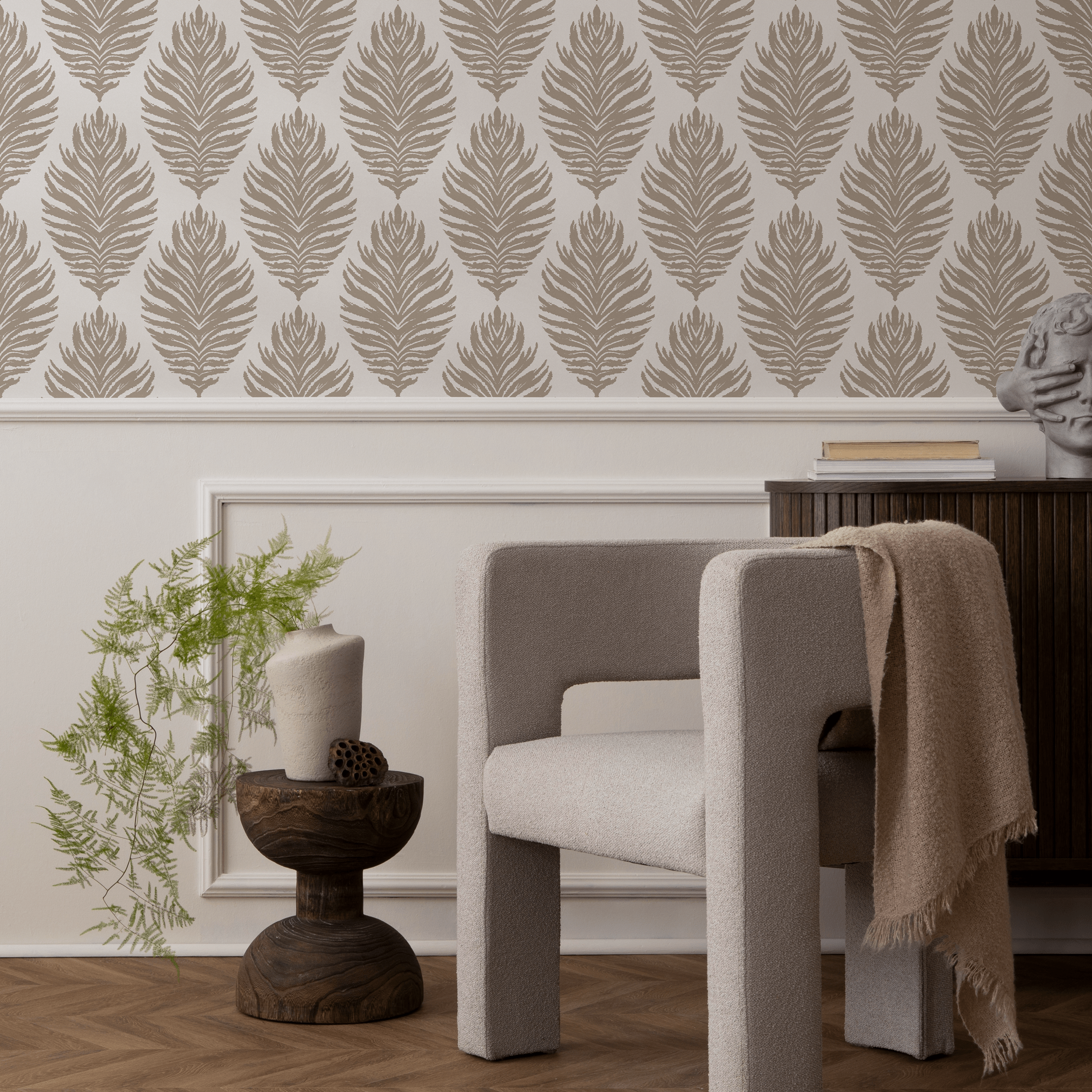 Boho Wallpaper With A Stylized Leaf Damask In Taupe - C508