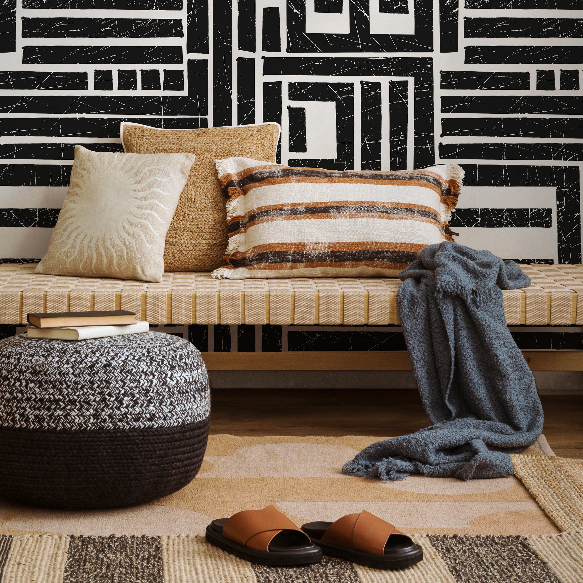 Geometric Wallpaper With A Distressed Block Maze In Black And White - C511