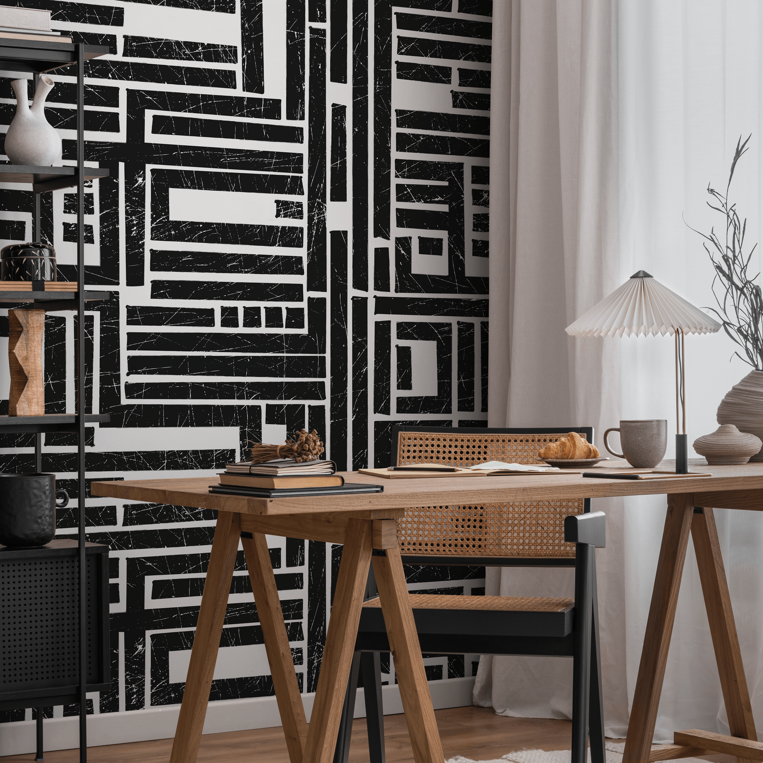 Geometric Wallpaper With A Distressed Block Maze In Black And White - C511