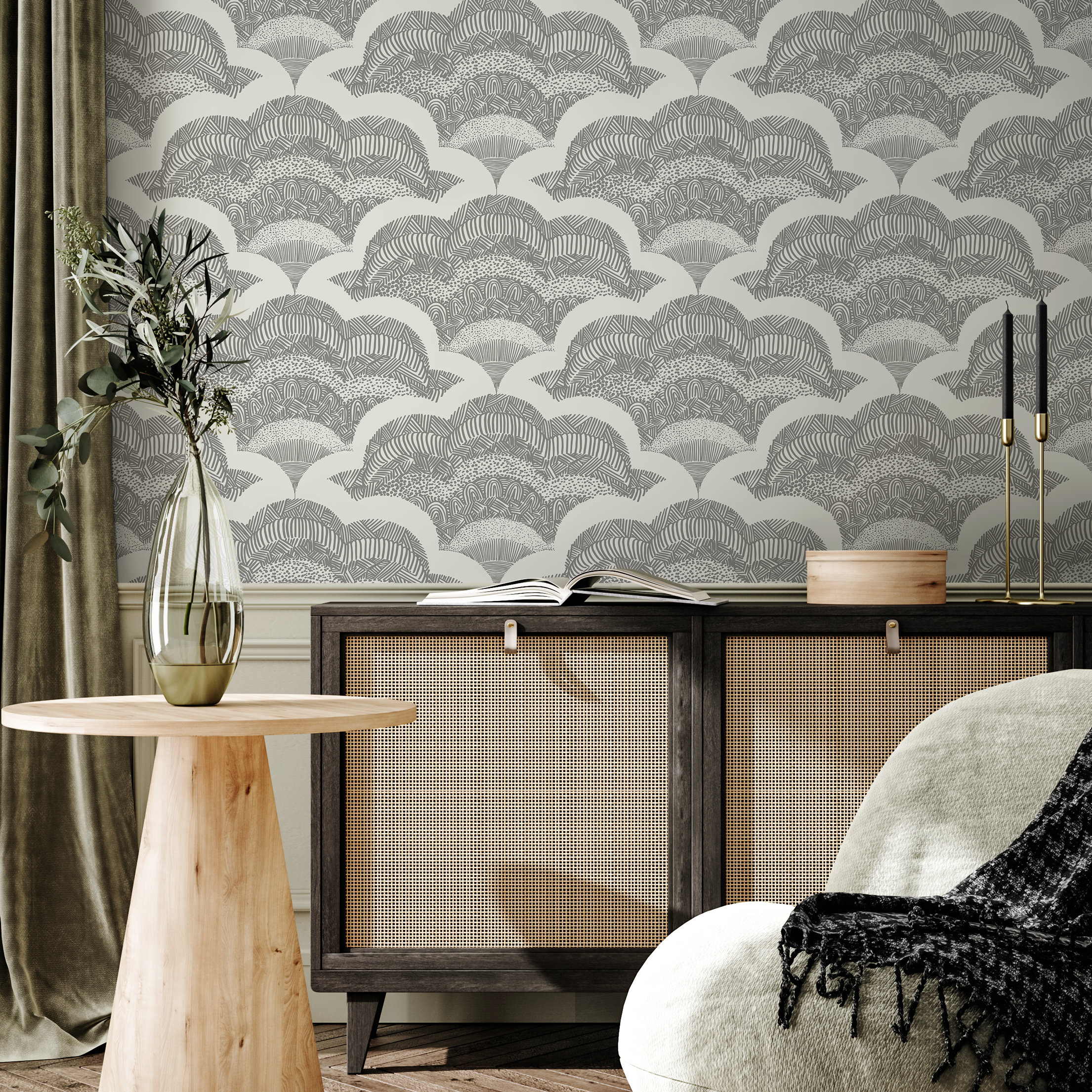 Boho Wallpaper With A Hand-drawn Scallop Motif In Gray And Black - C513