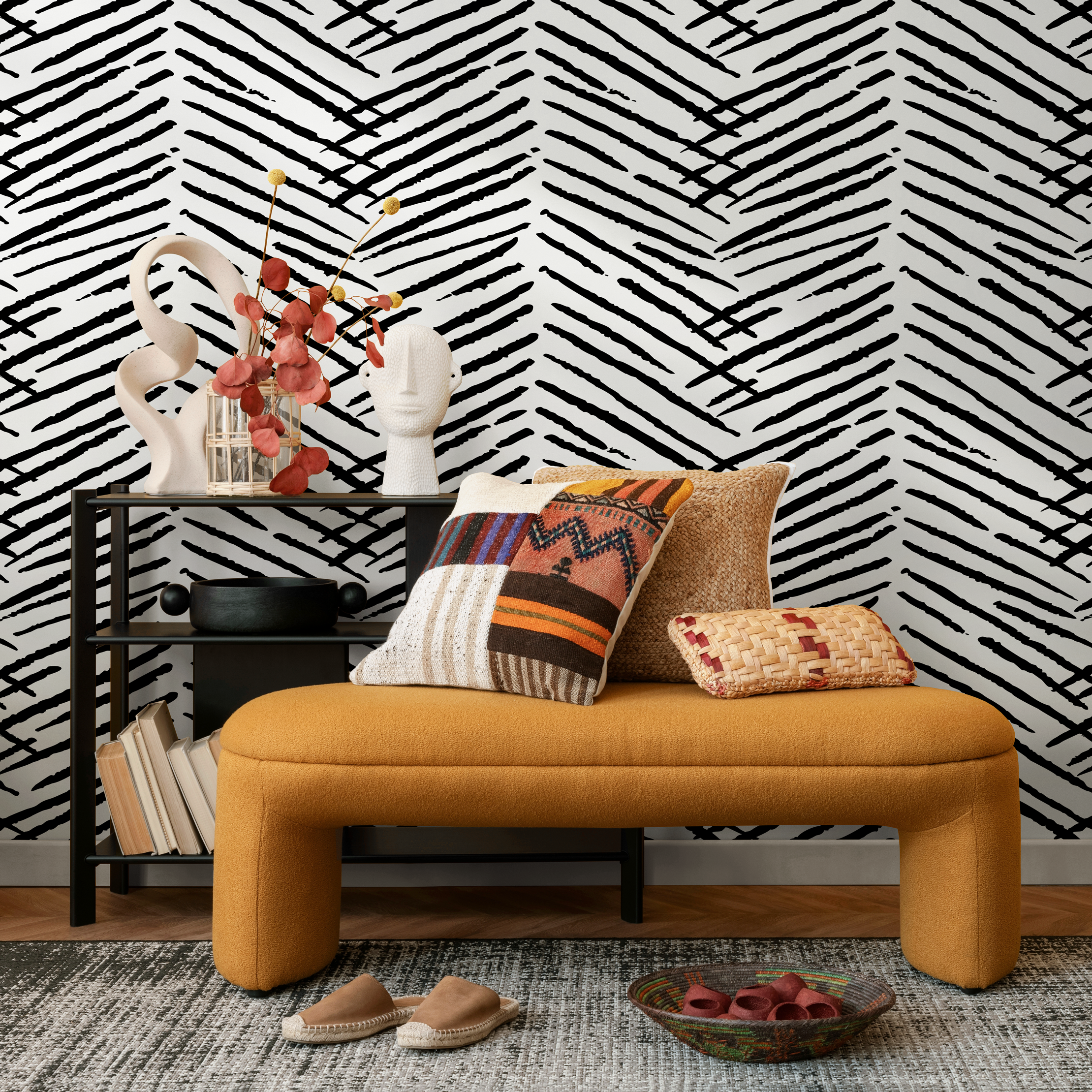 Boho Wallpaper with a Hand-Drawn Herringbone Motif in Black and White - C518
