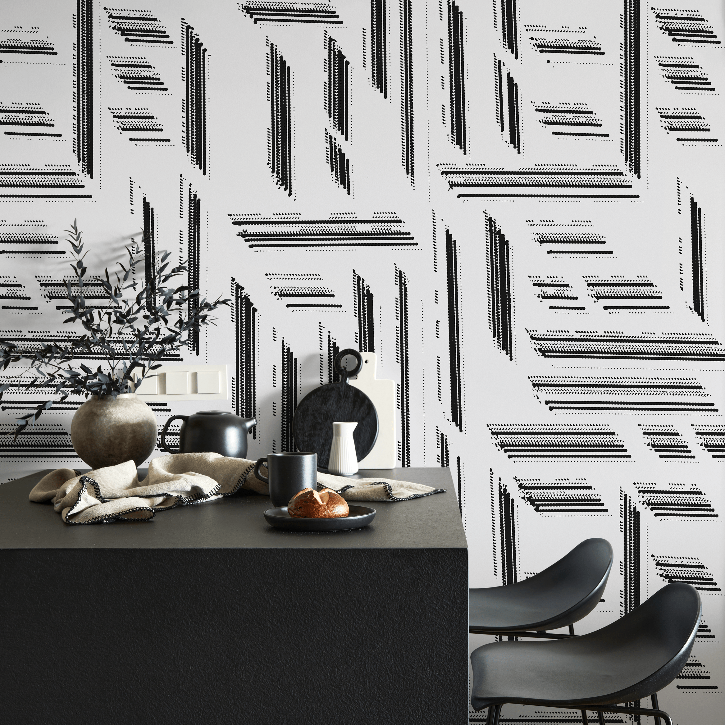 Abstract Wallpaper With A Dotted Block Motif In Black And White - C524