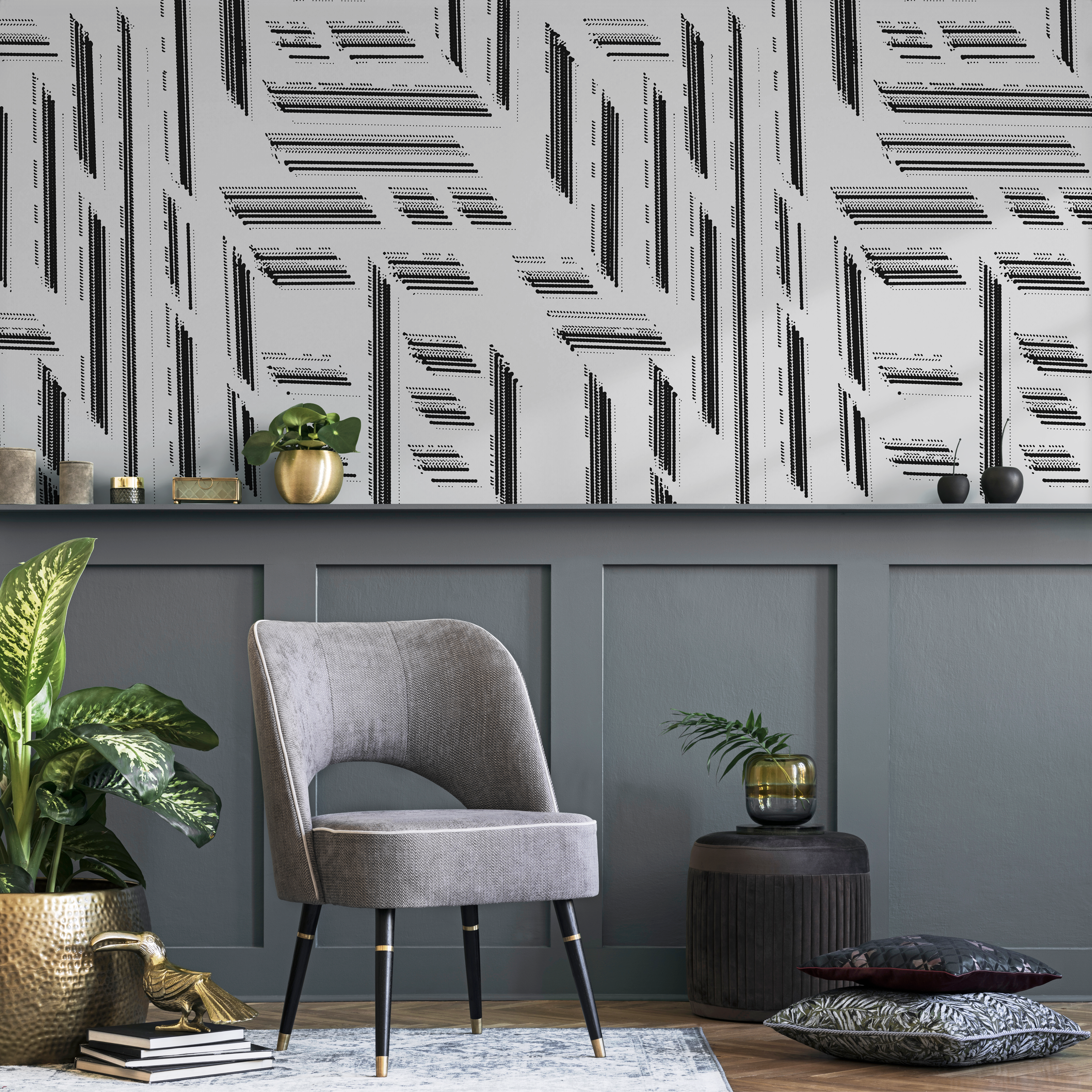 Abstract Wallpaper With A Dotted Block Motif In Black And White - C524