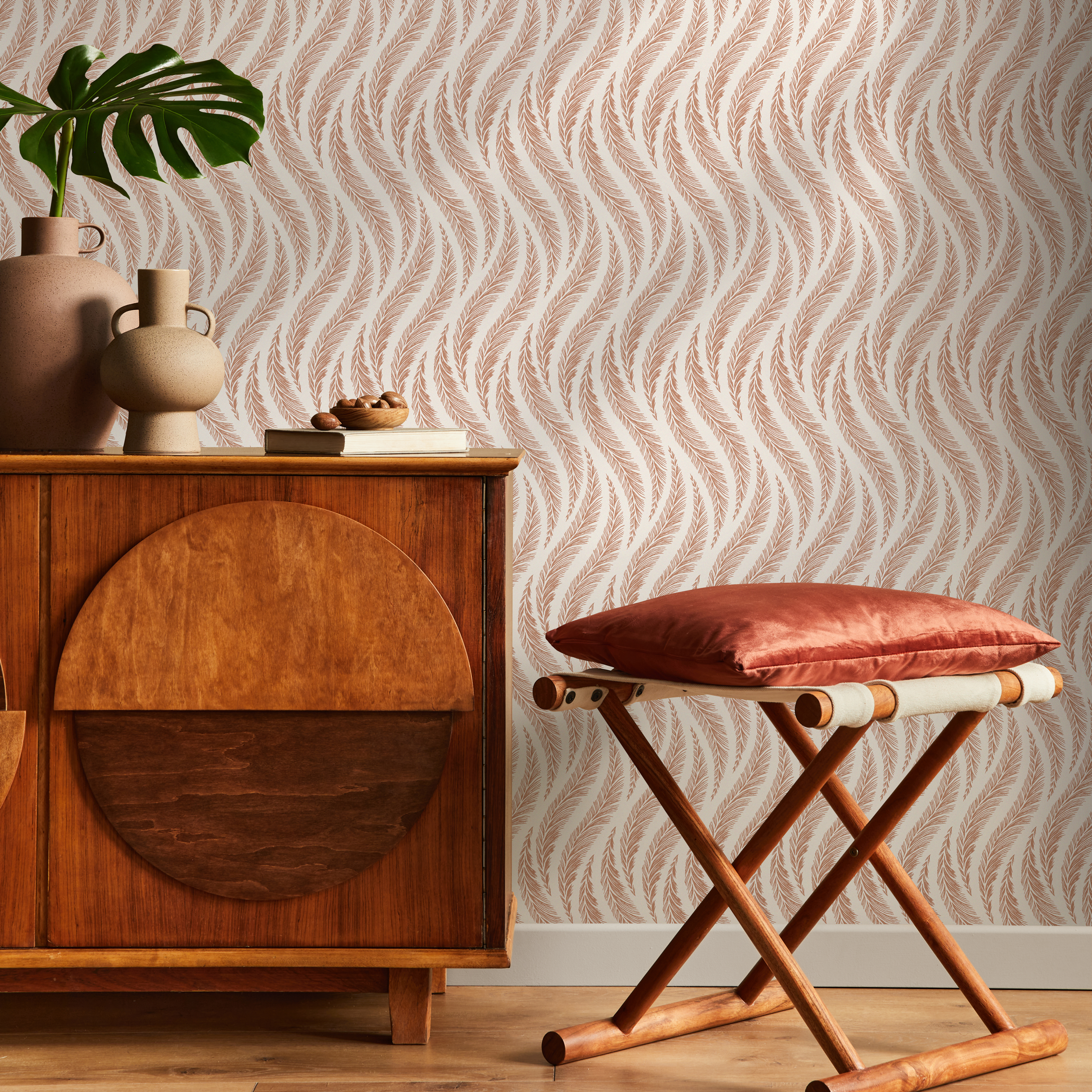Bohemian Wallpaper With A Wavy Feather Motif In Pink And Terracotta - C525