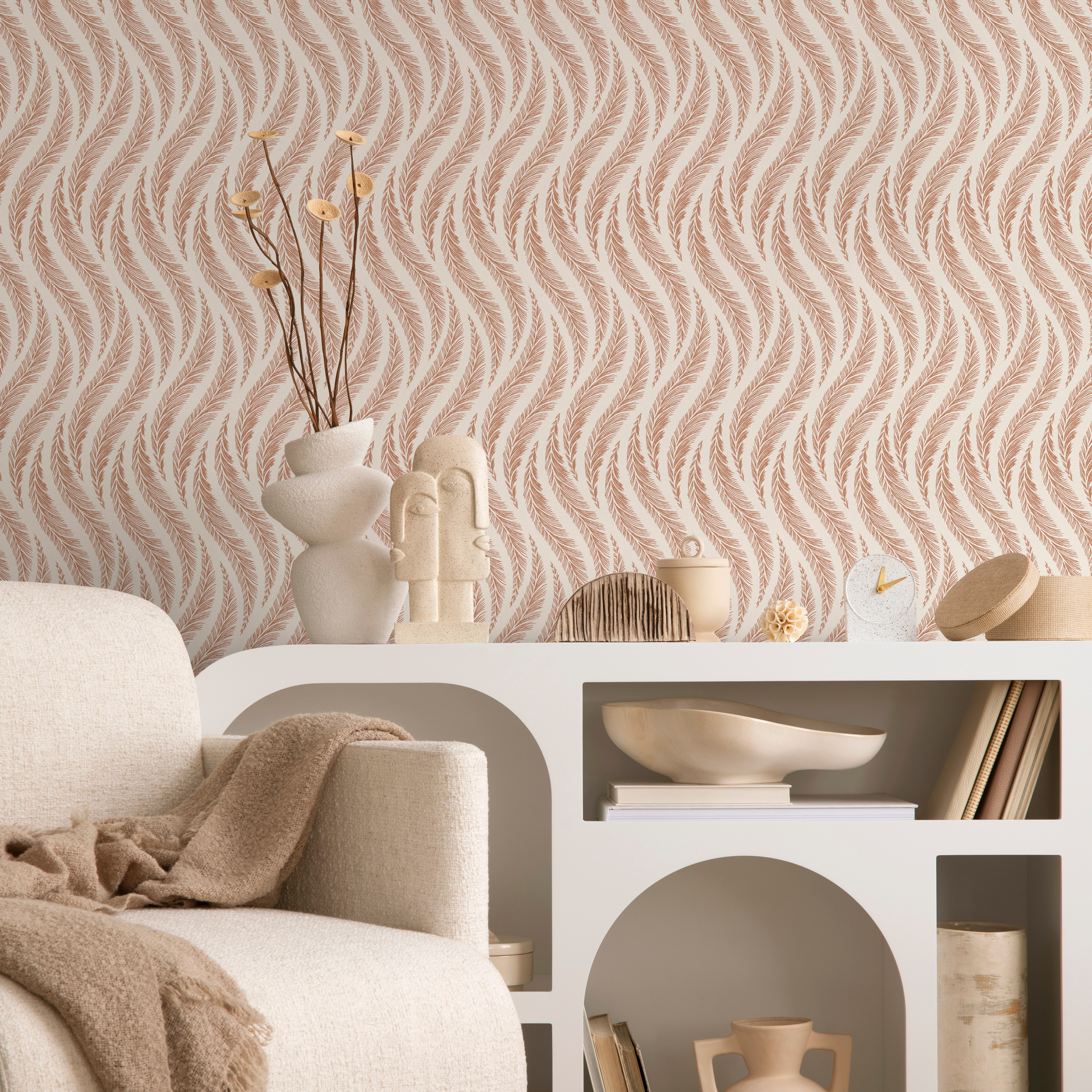Bohemian Wallpaper With A Wavy Feather Motif In Pink And Terracotta - C525