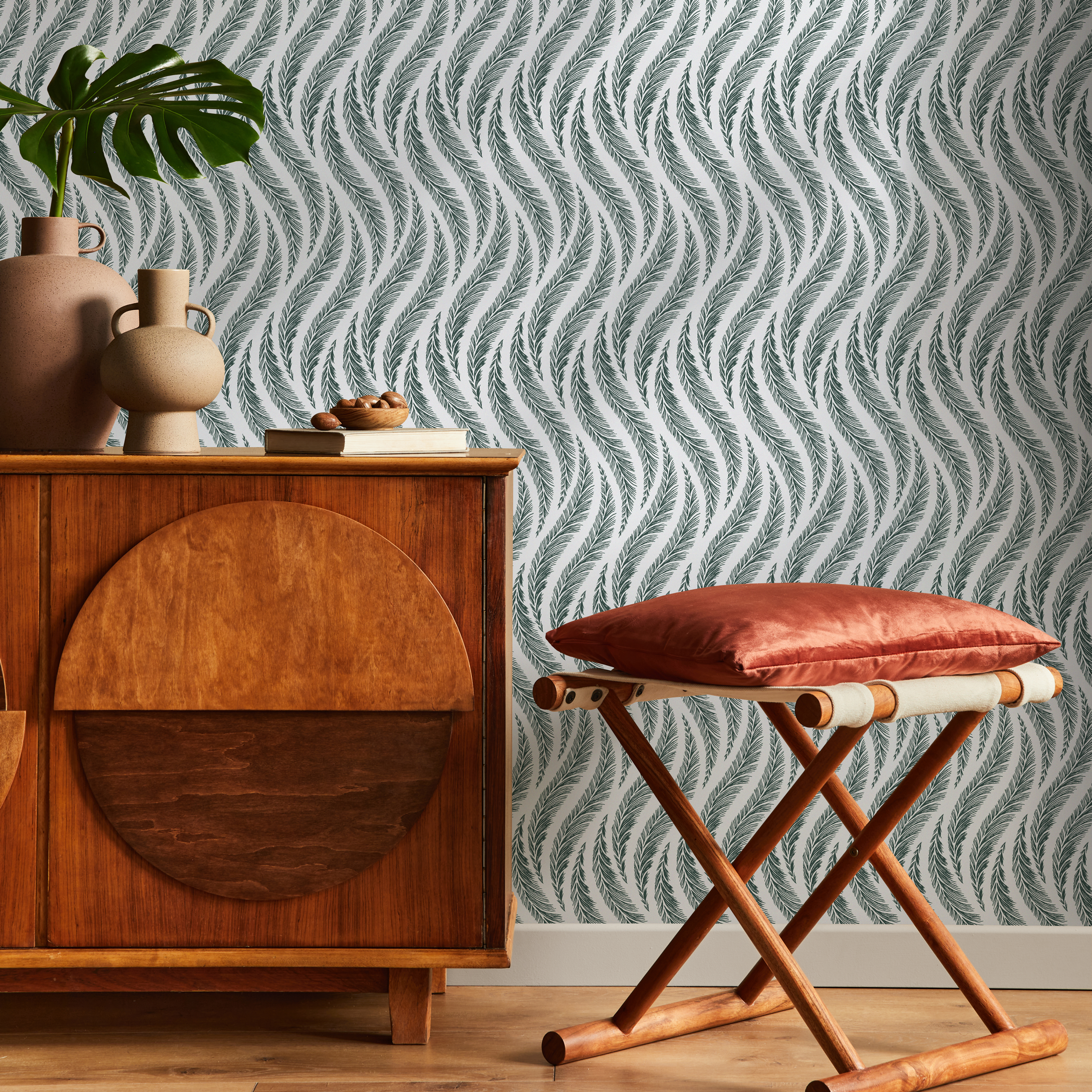 Feather Wallpaper With A Wavy Pattern In Green And Gray - C526