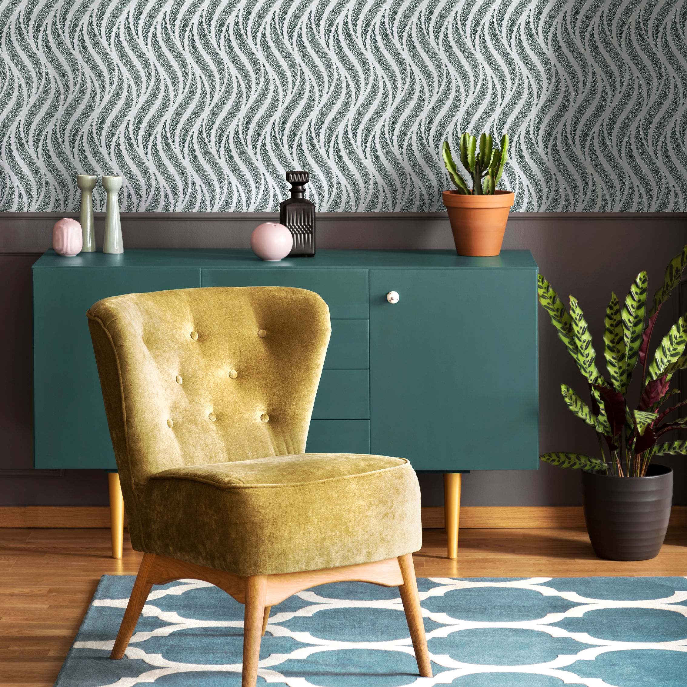 Feather Wallpaper With A Wavy Pattern In Green And Gray - C526