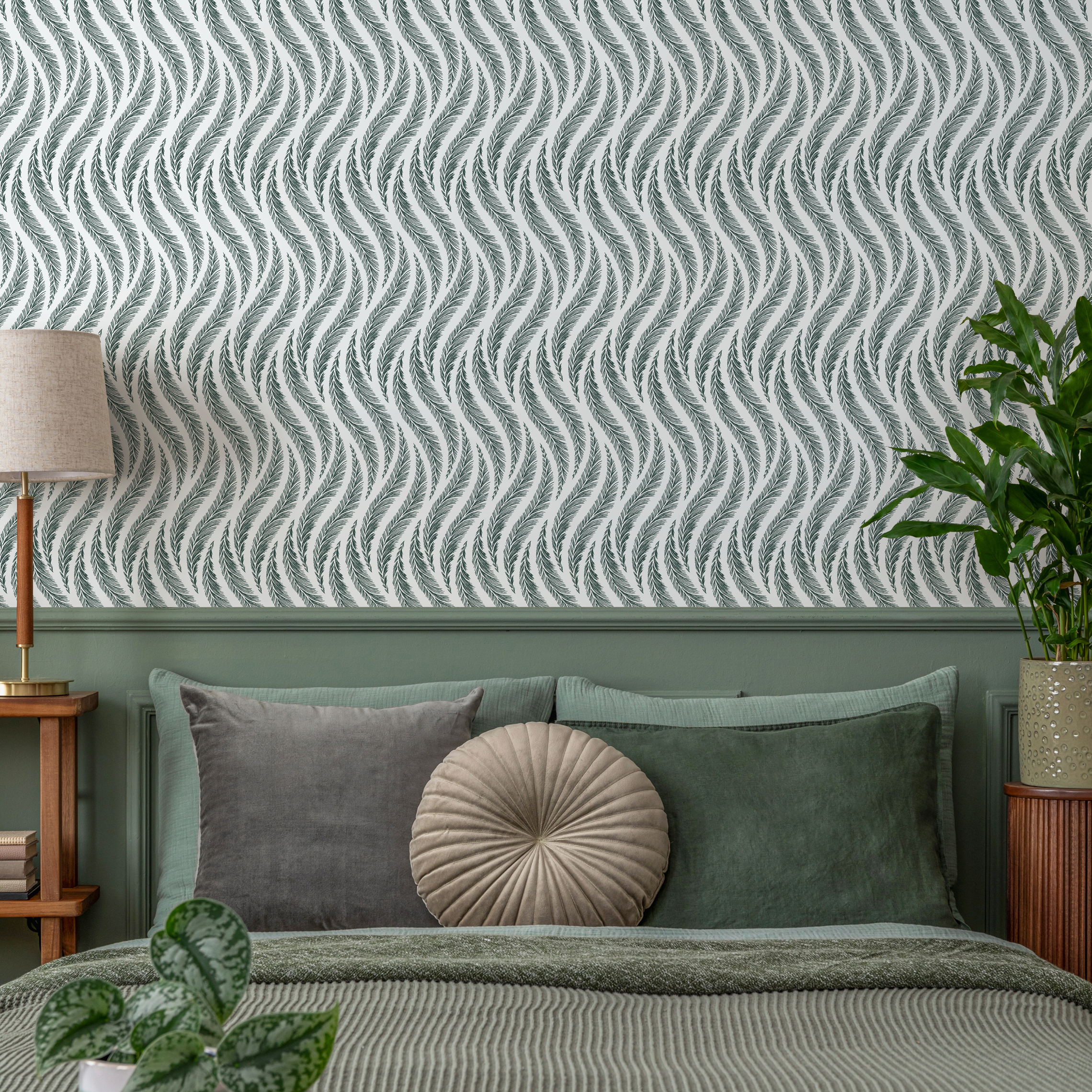Feather Wallpaper With A Wavy Pattern In Green And Gray - C526