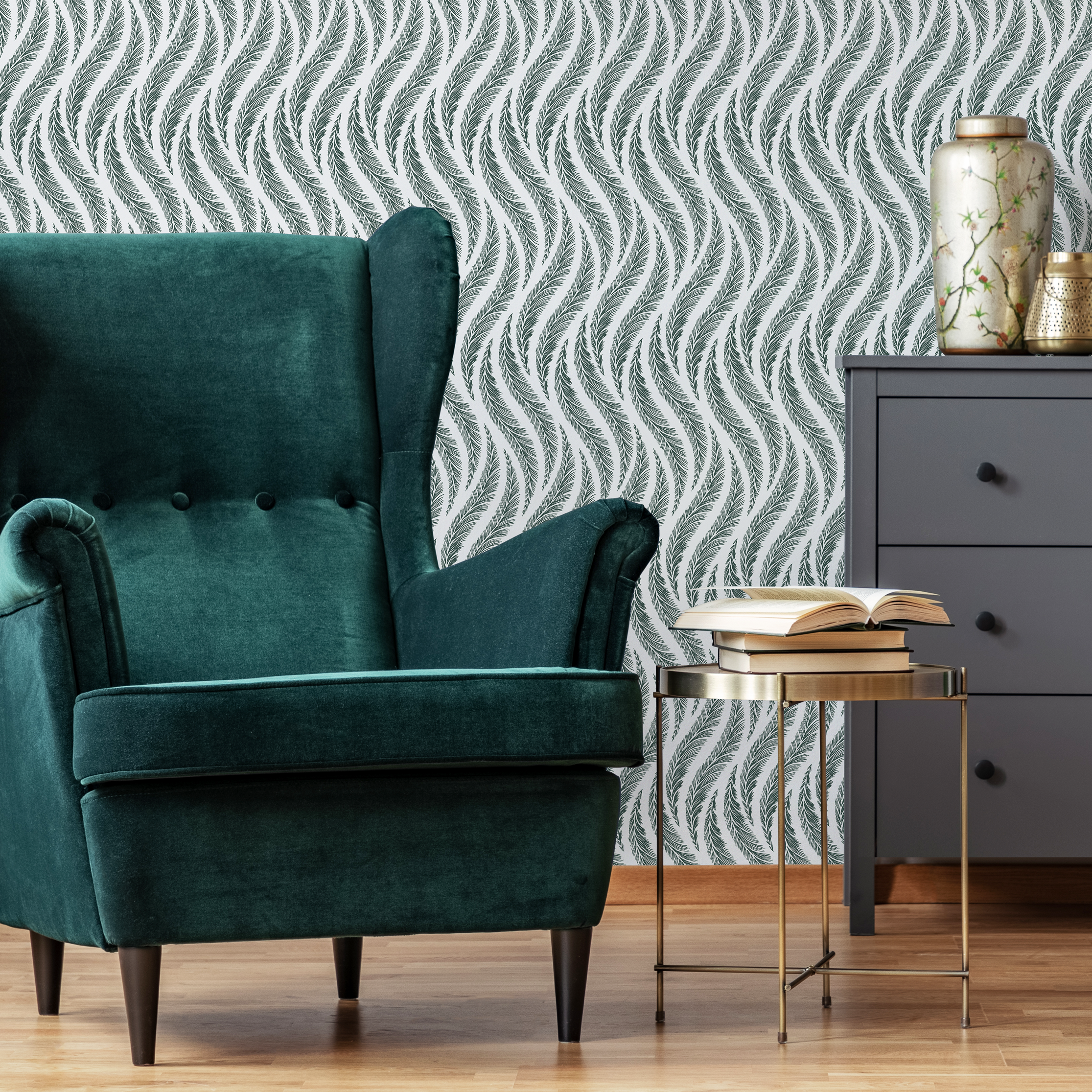 Feather Wallpaper With A Wavy Pattern In Green And Gray - C526
