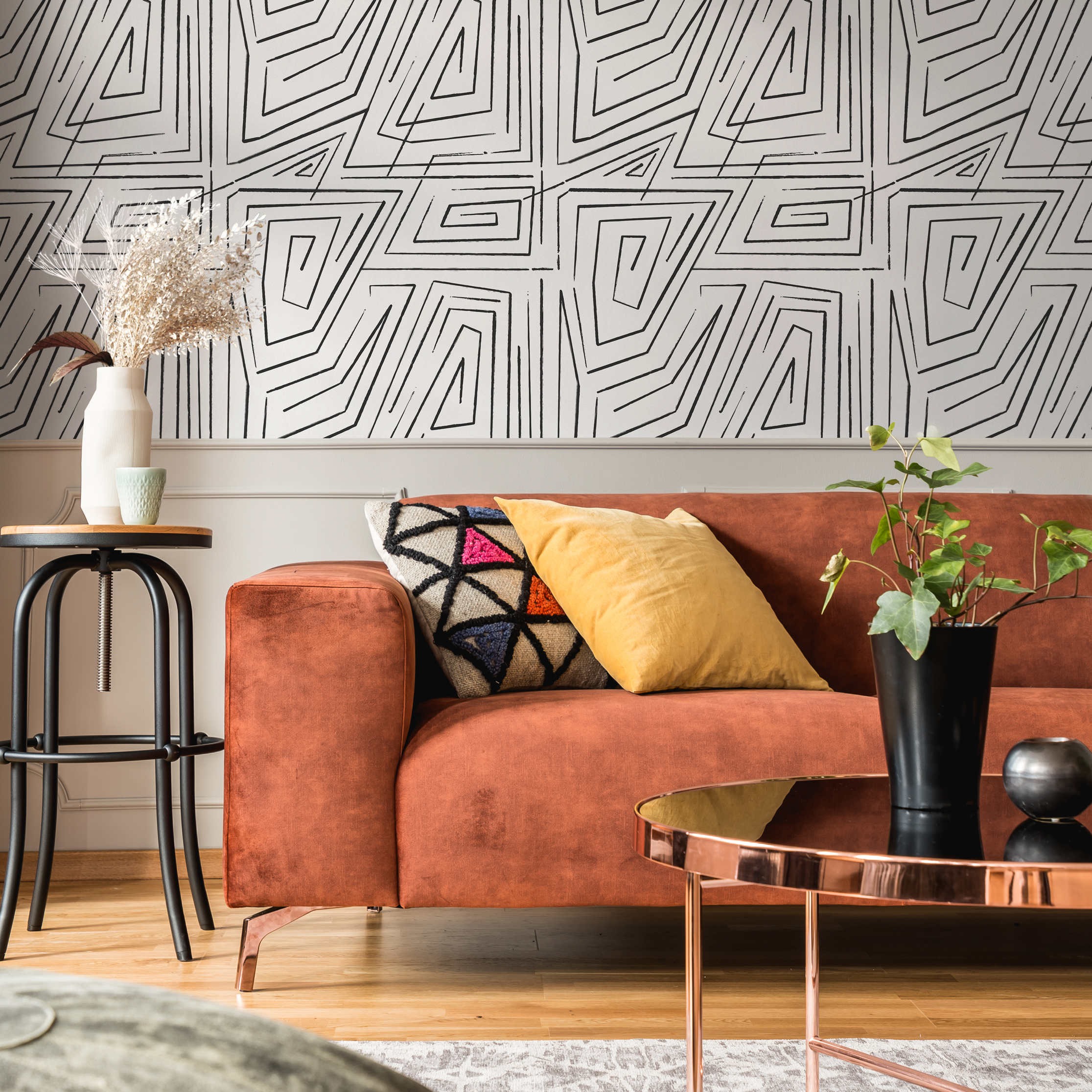 Abstract Wallpaper With A Hand-drawn Maze Motif In Black And White - C528