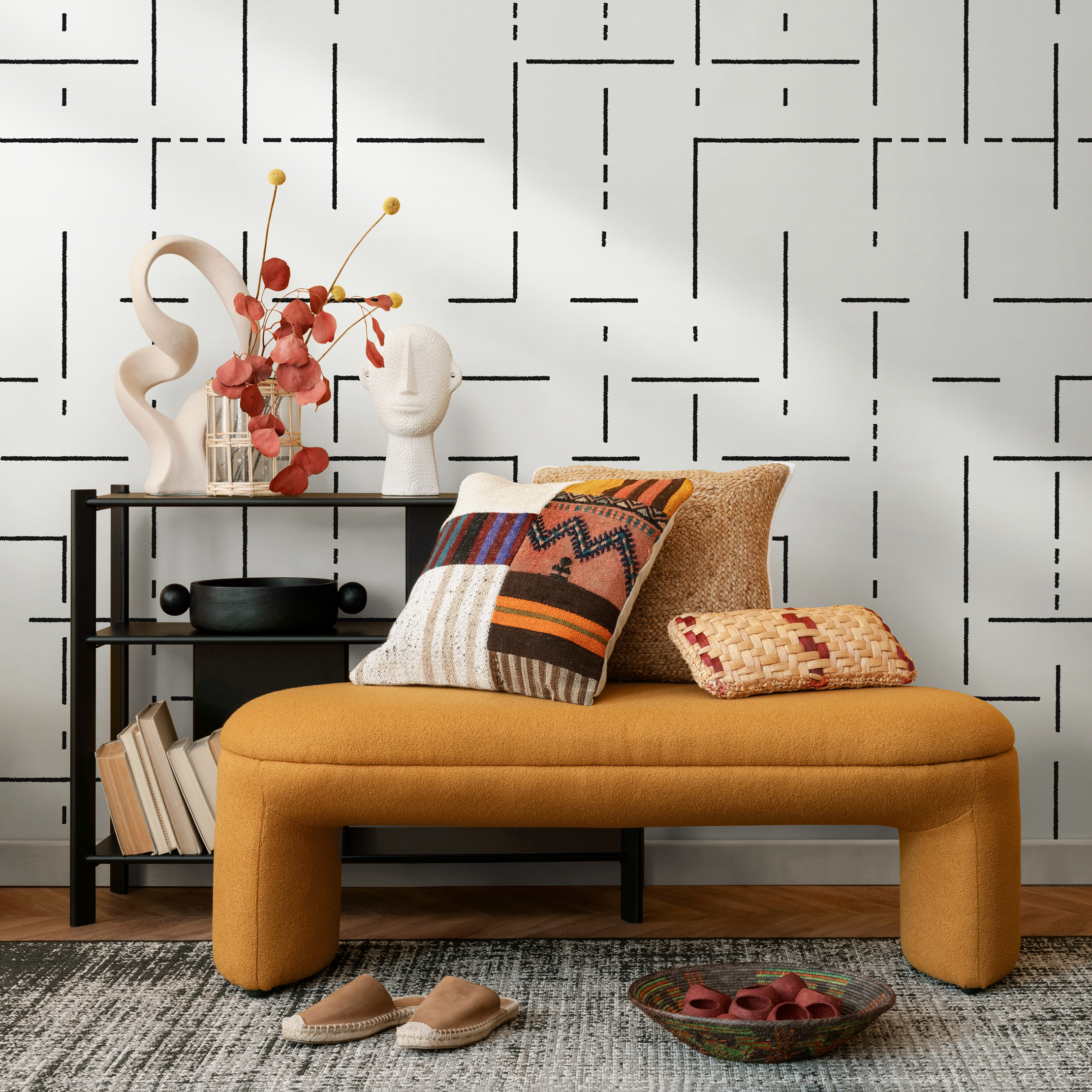 Geometric Wallpaper With A Modern Linear Maze In Black And White - C536