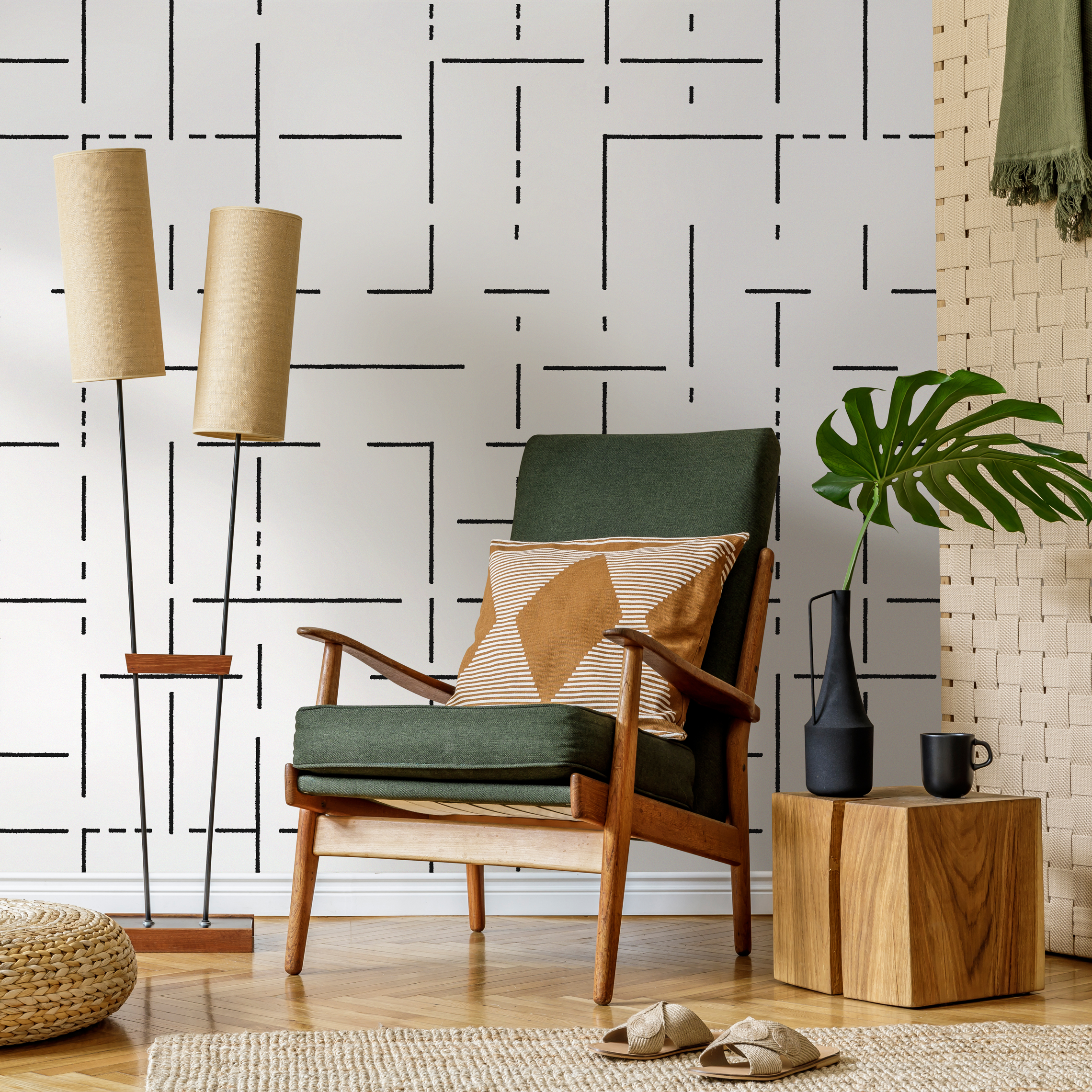 Geometric Wallpaper With A Modern Linear Maze In Black And White - C536