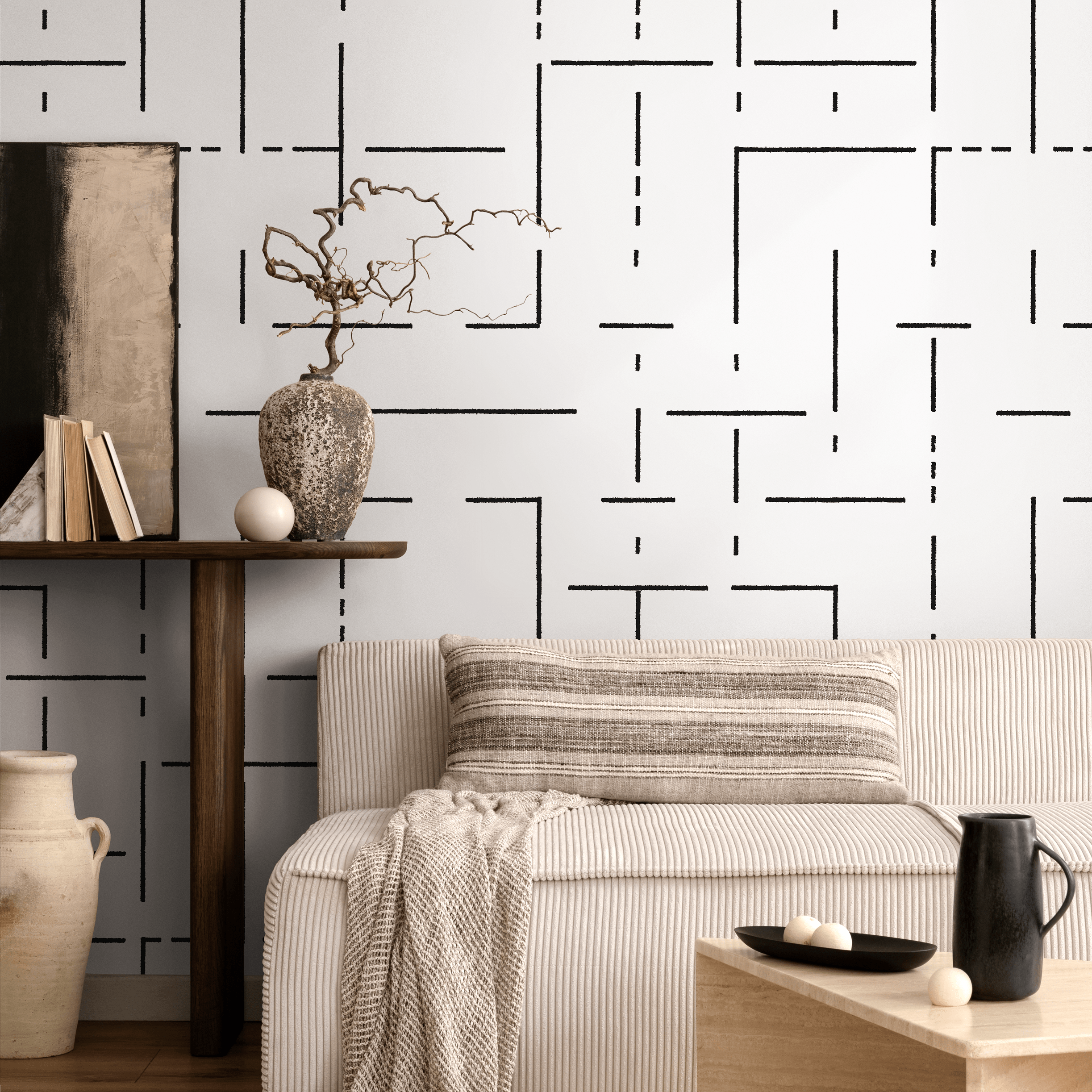Geometric Wallpaper With A Modern Linear Maze In Black And White - C536