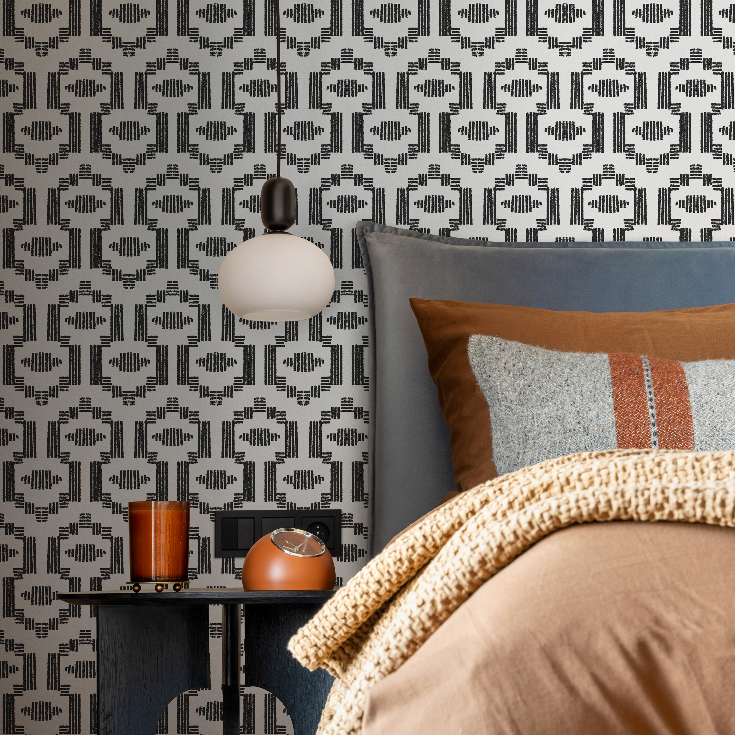 Geometric Wallpaper With A Boho Inspired Motif In Black And Gray - C541
