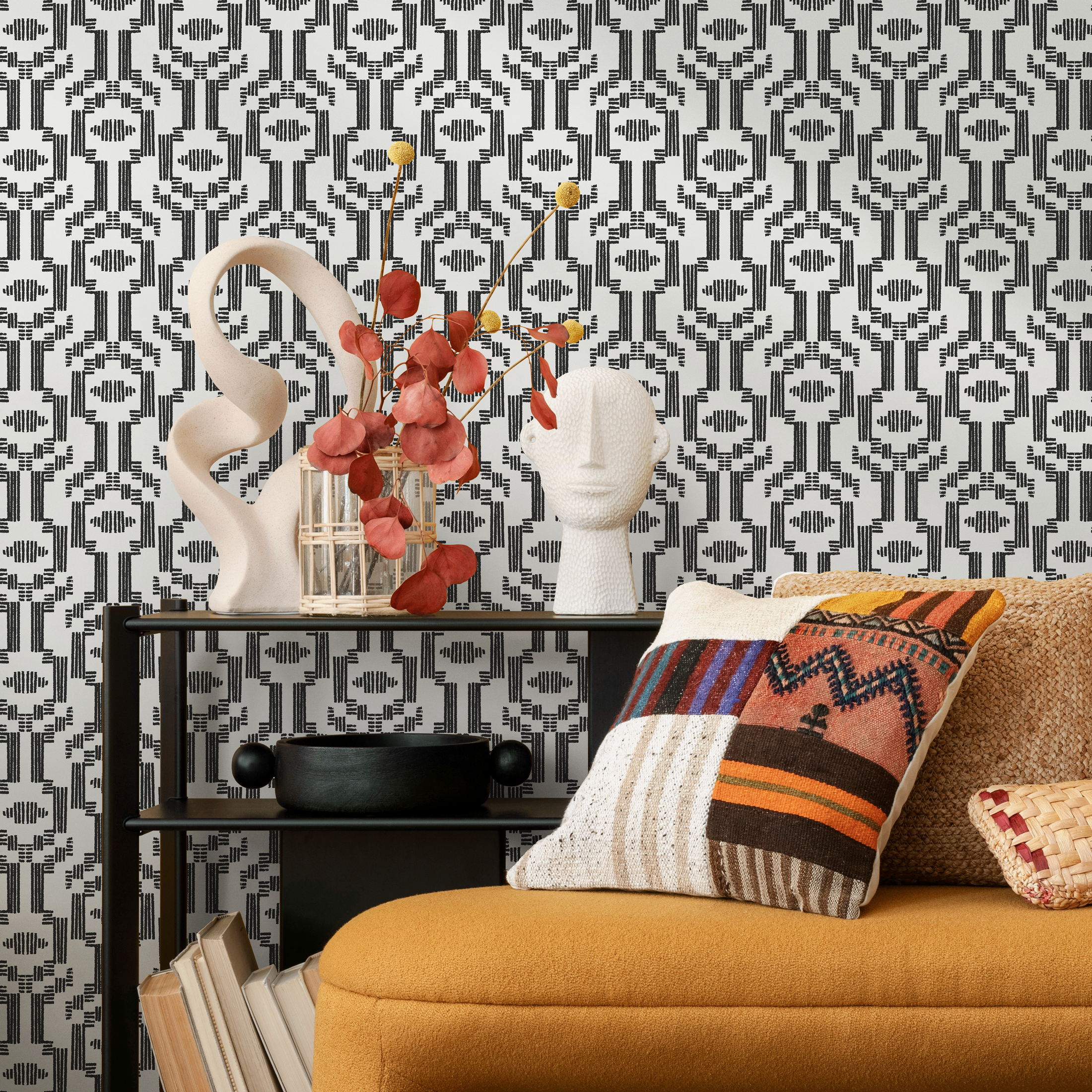 Geometric Wallpaper With A Bold Tribal Motif In Black And White - C543