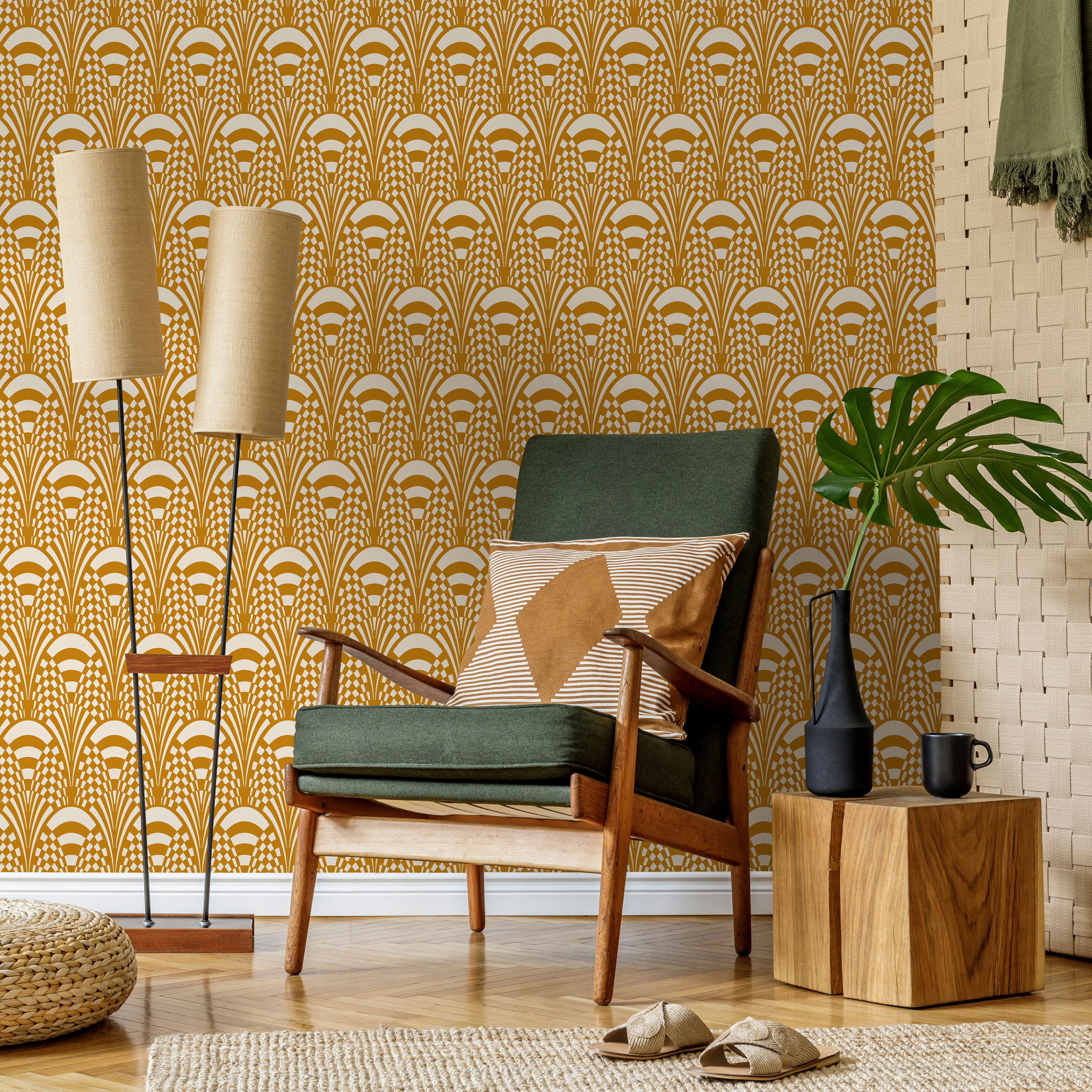Art Deco Wallpaper With A Stylized Fan Motif In Yellow And White - C544