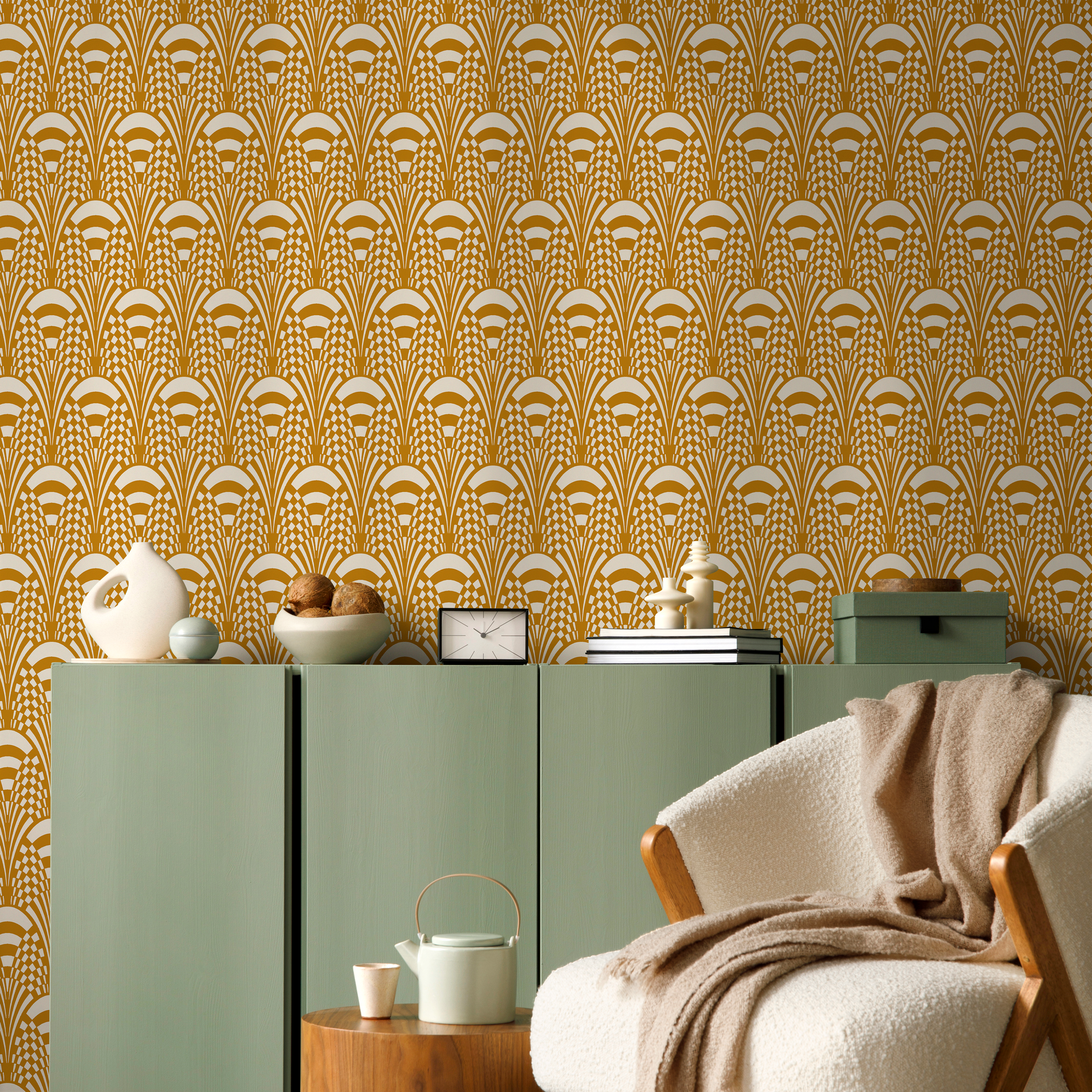 Art Deco Wallpaper With A Stylized Fan Motif In Yellow And White - C544