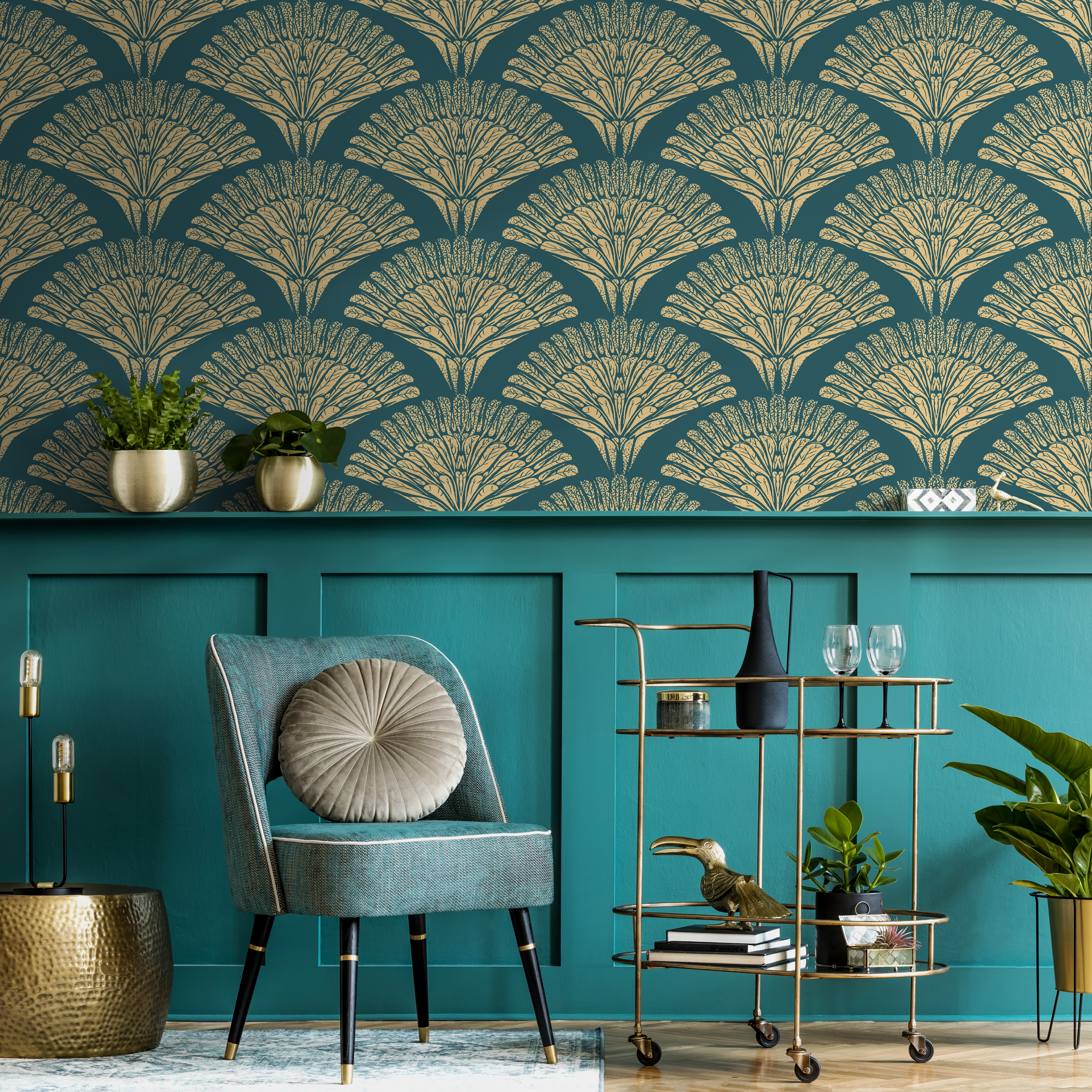 Art Deco Wallpaper With A Stylized Fan Motif In Teal And Gold - C546